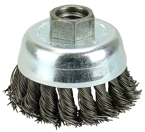 Weiler 13712 - Cepillo de alambre de alambre con nudo de huracán, 2-34 pulgadas, relleno de acero de 0.020 pulgadas, tuerca UNC de 58"-11, fabricado