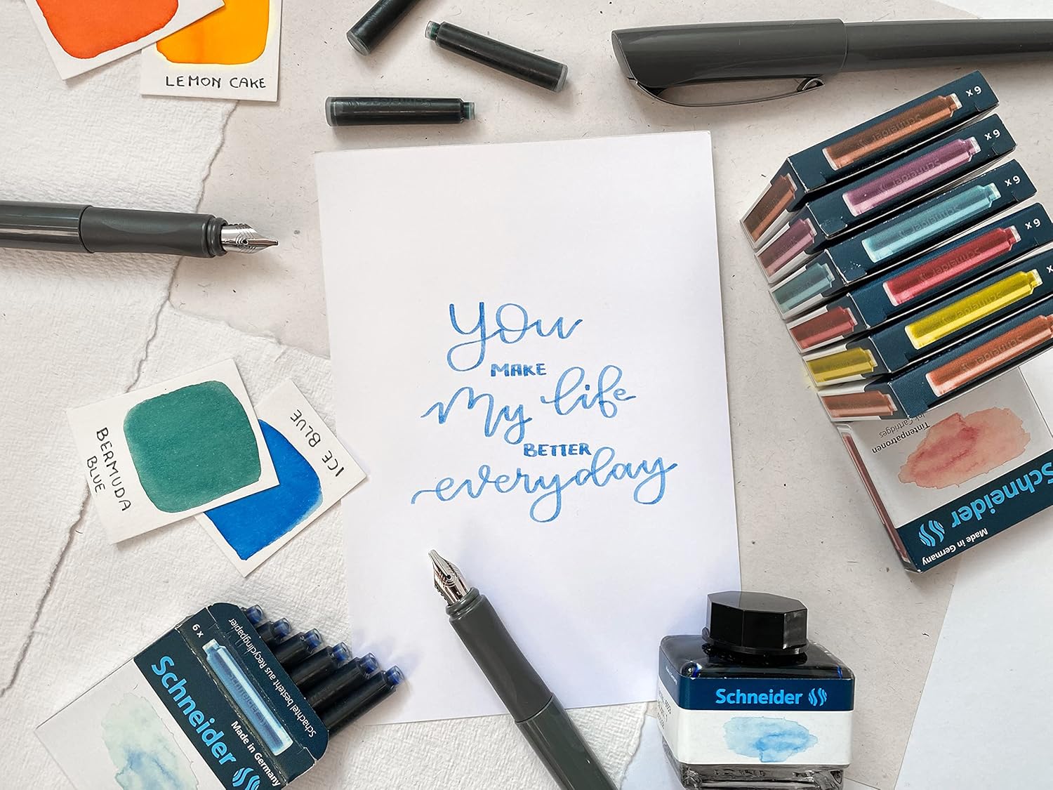 Schneider 143820 Callissima Calligraphy Fountain Pen Gift Set (3 Different Nib Sizes Including Cartridges and Hand Lettering Instructions) Pebble