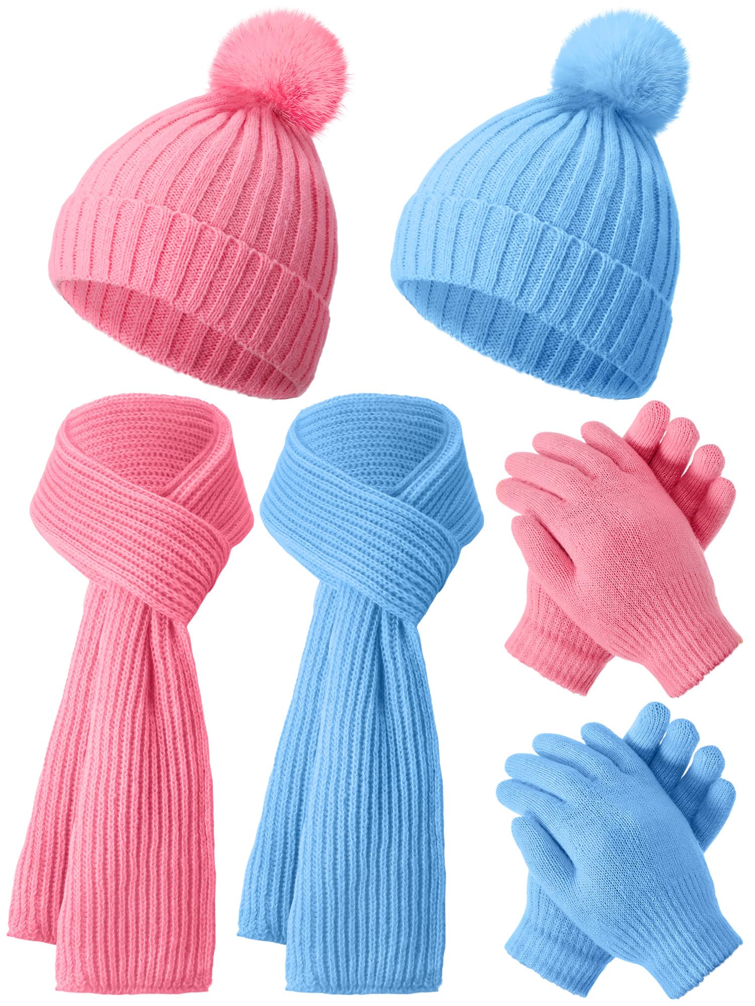 JaGely 2 Sets Kids Winter Hat Gloves Scarf Set Girls and Boys Knit Hat with Pom Warm Scarf Snow Gloves for 3-10 Years Toddler