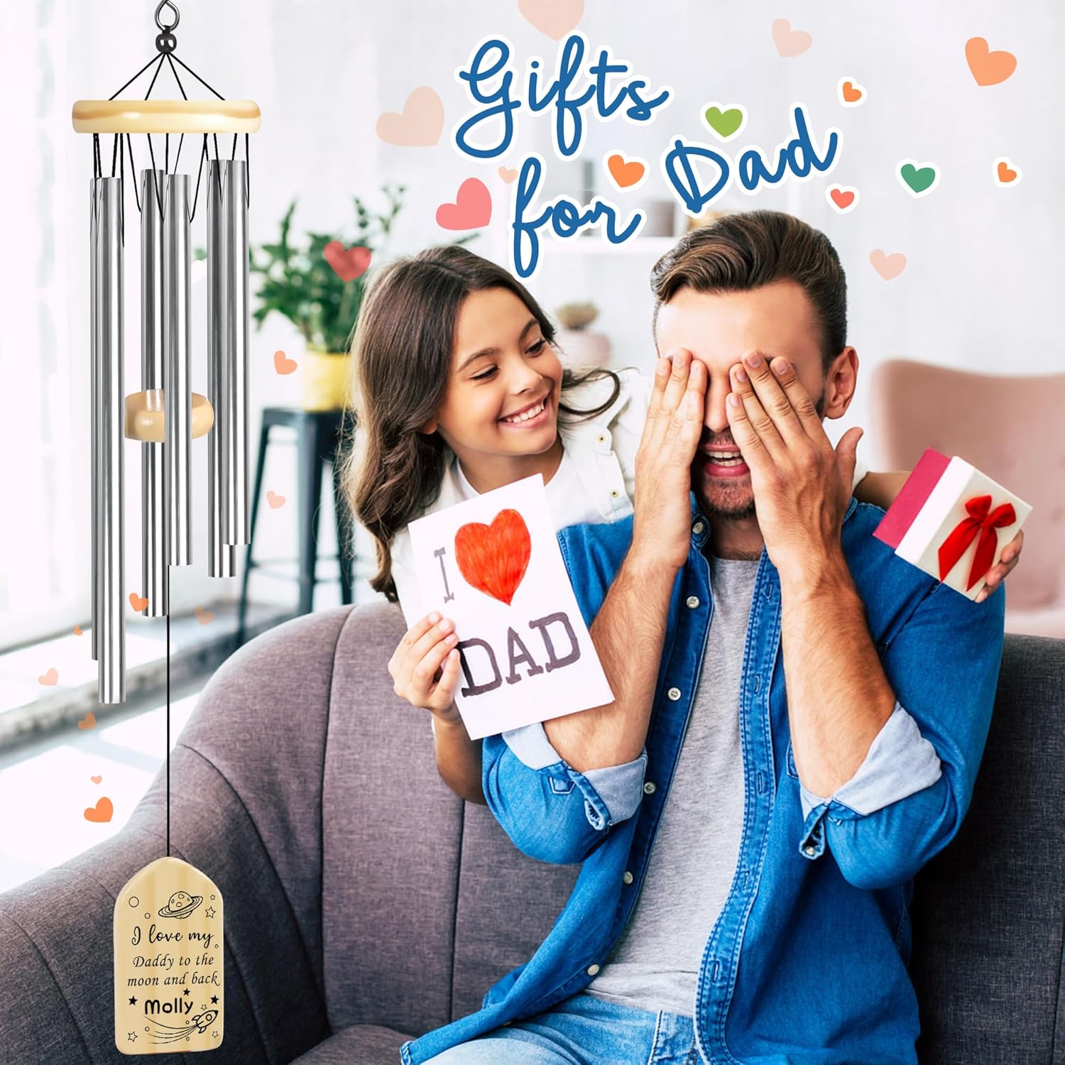 Personalized Dad Gifts, PEMIRSAYO Father Wind Chimes, Gift for Father‘s Day from Kids, Birthday Gifts for Father, Gift for Daddy on Fathers Day Christmas - Love My Daddy to The Moon and Back