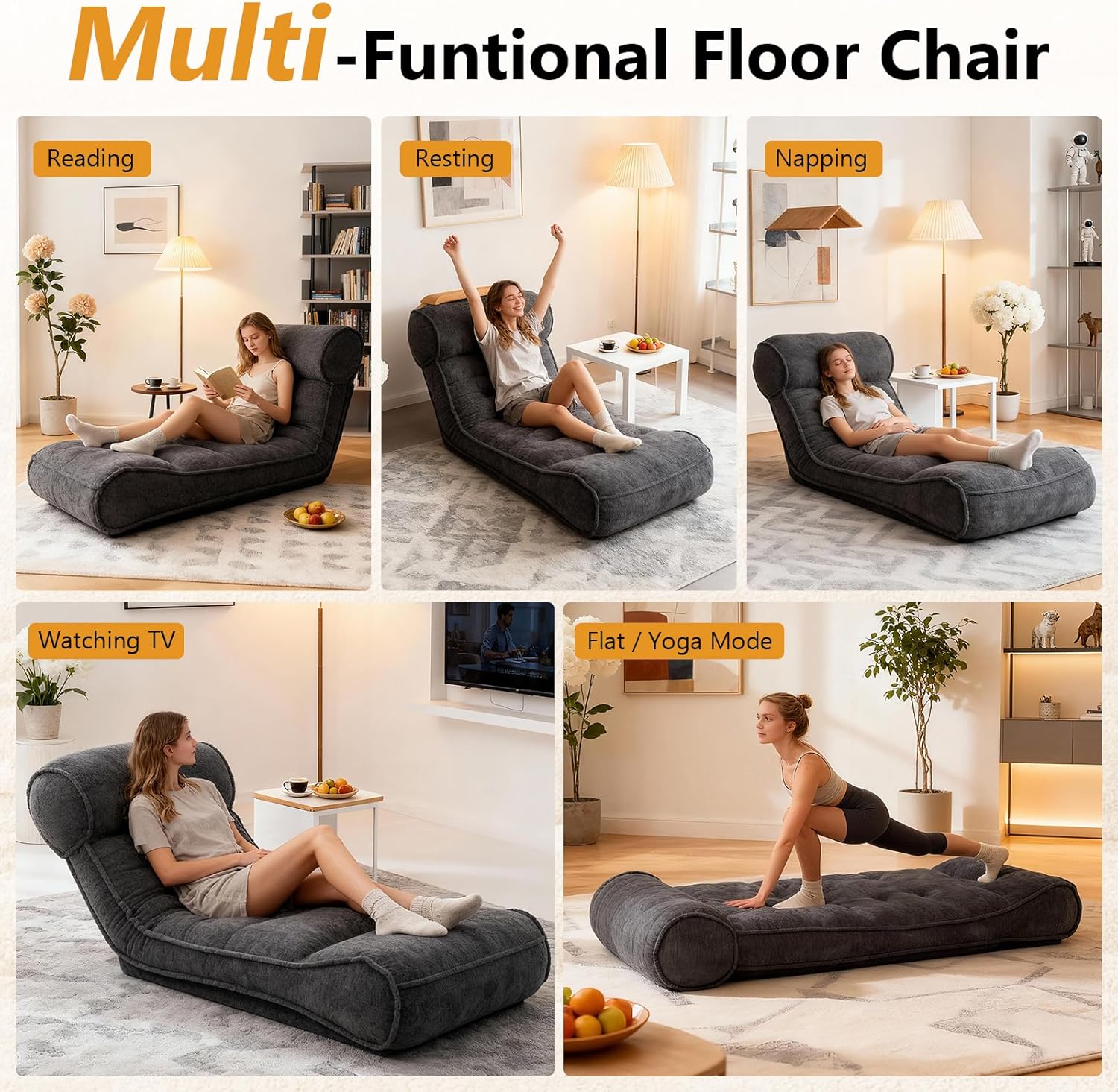 Human Dog Bed Floor Lounger Chair Adjustable Lazy Sofa - Foam Filled Bean Bag Chaise, 5 Position Recliner Gaming Chair, Foldable Meditation Couch for Adults (Dark Gray, 83'' Length, Seaweed Fleece)