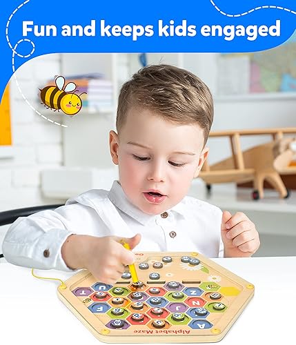 Miniatura 3 de Coogam Tablero magnético del laberinto del alfabeto de madera, letras ABC, rompecabezas a juego de habilidades motoras finas Montessori, juego
