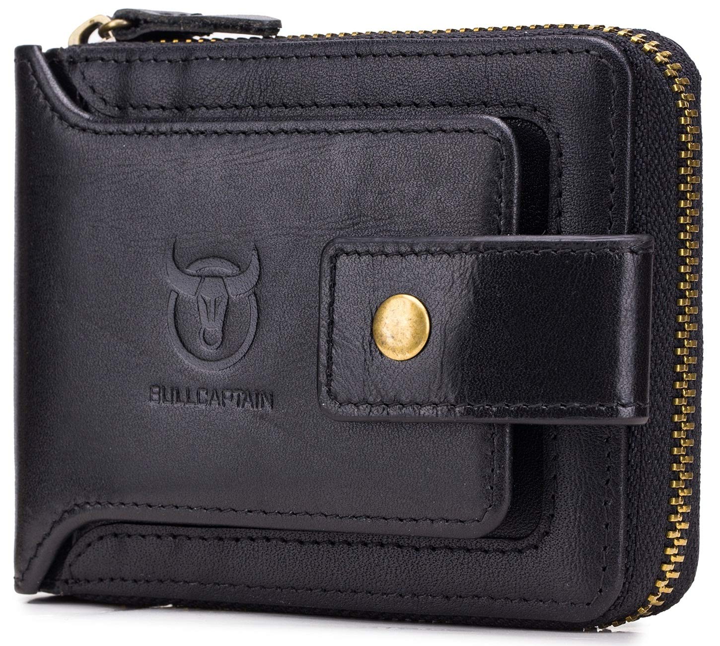 BULLCAPTAIN Genuine Leather Men Wallet with ID Window RFID Blocking Zipper Bifold Wallets Multi Card Holder Zip Coin Purse (Black)