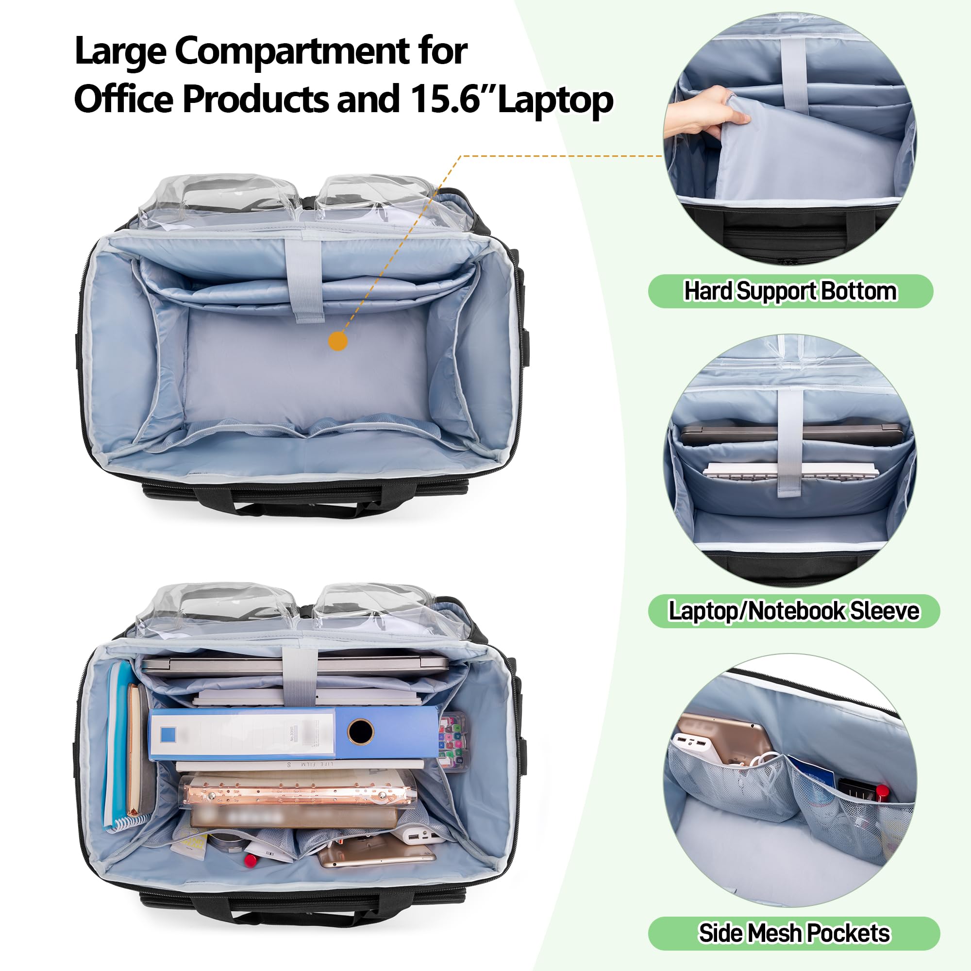 Trunab Sac à roulettes pour Professeurs avec Pochette Extensible et Chariot Amovible, Sac Fourre-Tout pour Enseignants avec roulettes Convient avec Ordinateur Portable Jusqu'à 15,6", Noir
