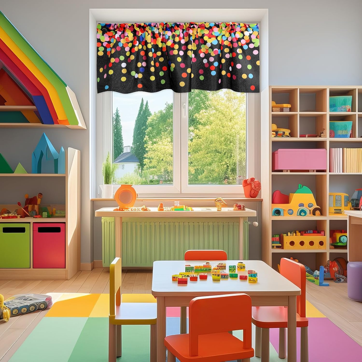Wiooffen 4 PCS School Classroom Curtains Back to School Valance Curtain 18 x 54In Colorful Confetti Window Treatment Confetti Polka Dot Curtain for Kindergarten Daycare Primary Bedroom Decor(Black)