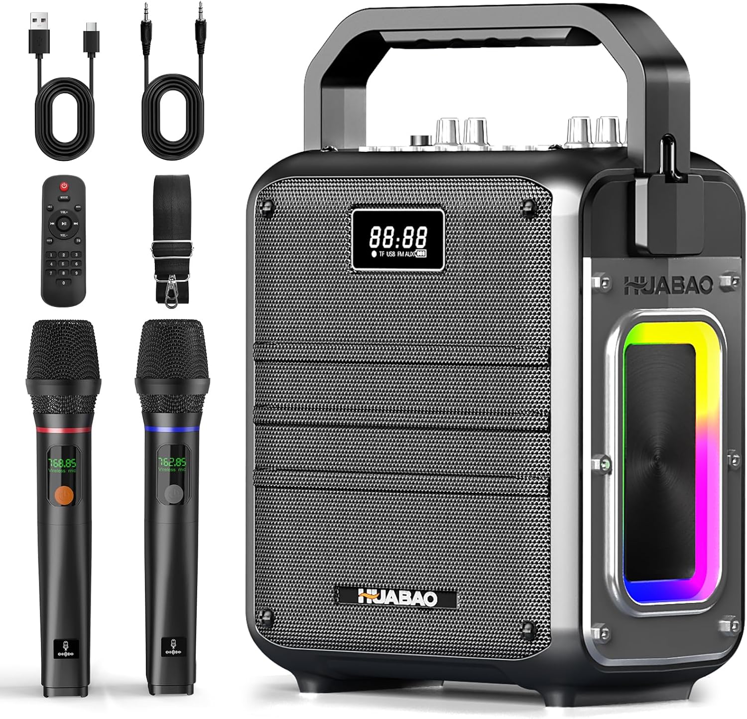 Karaoke Machine, Bluetooth Speaker with 2 Wireless Microphones, Portable PA System with Lights & Treble/Bass Adjustment, 6600mAh High-Capacity Rechargeable Battery, for Party, Speech, Events