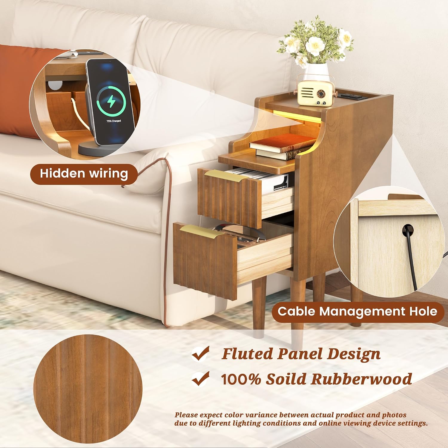 Narrow Nightstand Set of 2, Solid Wood Nightstand with Charging Station, Walnut Mid Century Modern Led Nightstand, Small Fluted Beside Table with Open Storage Shelf for Bedroom （10 inch）