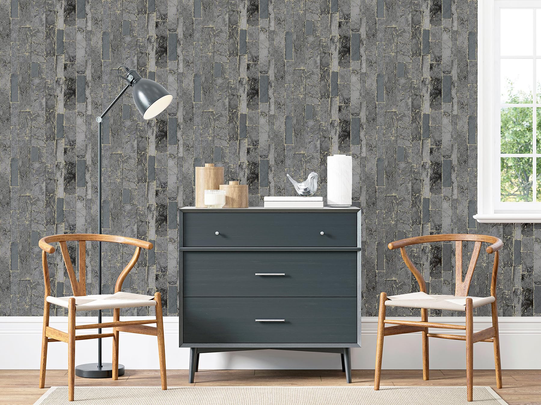 Arthouse Slate Stone Effect Black & Gold Wallpaper, Ultra Modern Heavyweight Vinyl, Very Hard Wearing, Metallic Highlights - Image 2