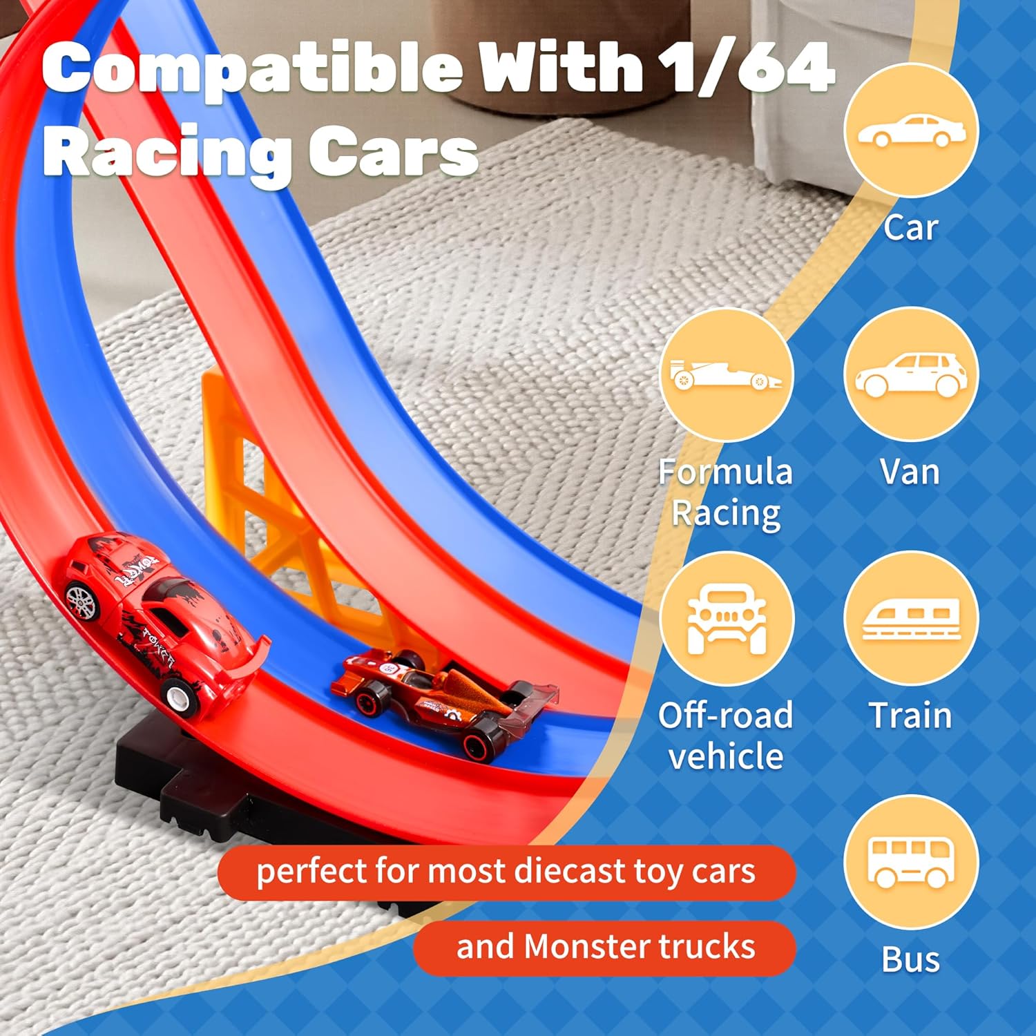 MINDNOOK 16 Ft Flexible Race Car Track Set for Kids, Portable Roll-Up Racetrack with 4 Cars & Suction Cups, Compatible with 1:64 Diecast Toy Cars, Gift for Boys & Girls Ages 4-12