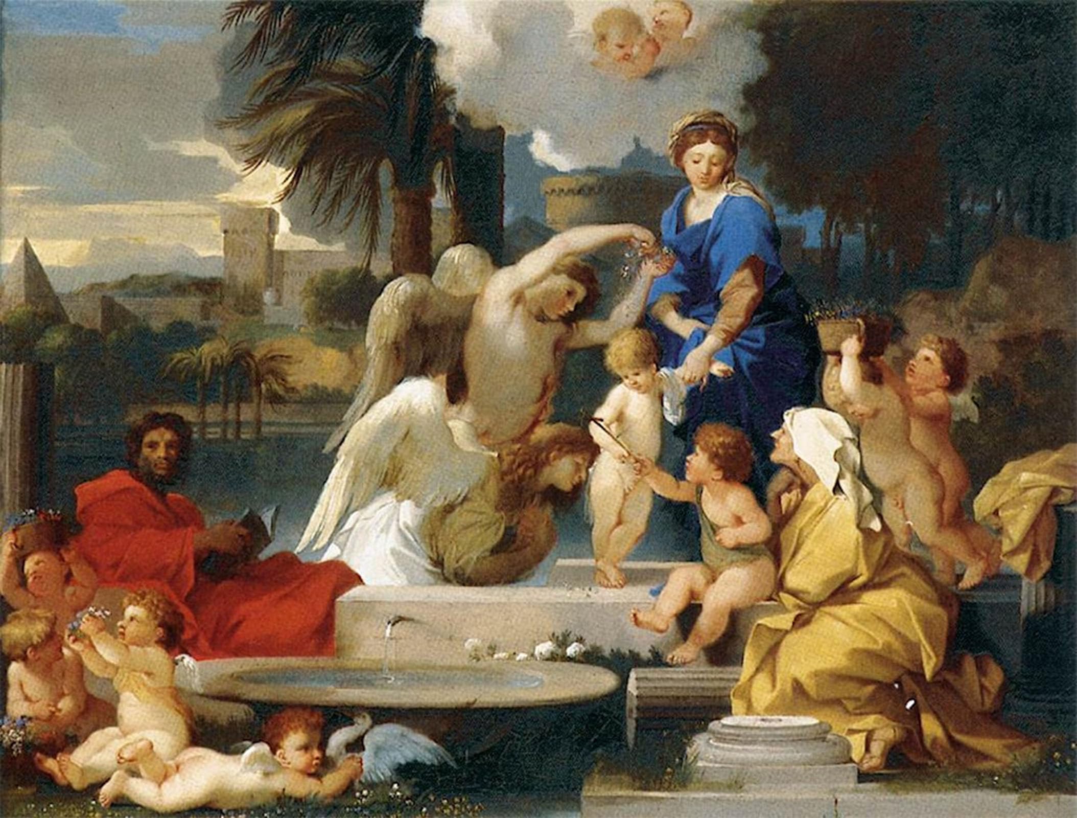 SERENDIPITP Vintage Picture Print on Canvas Wall Art Poster la Sacra Famiglia con Santa Elisabetta e San Battista Sebastien Bourdon Artwork Print Poster for Wall Decor 60x90cm