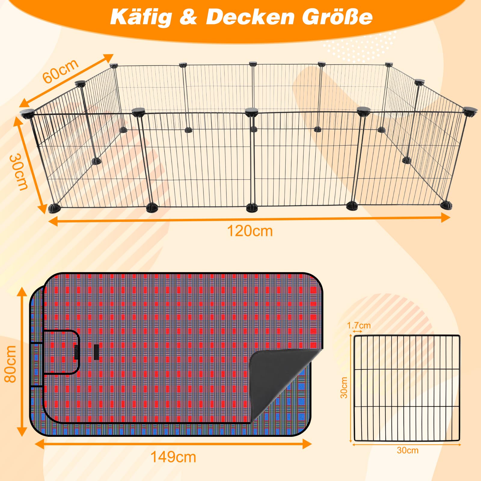 Meerschweinchenkäfig mit Zwei Leicht zu Reinigenden Pads,0,74 m² Meerschweinchen Laufstall mit C&C Käfigauskleidung,Geeignet für Kaninchen Frettchen Igel 12 Käfigplatten