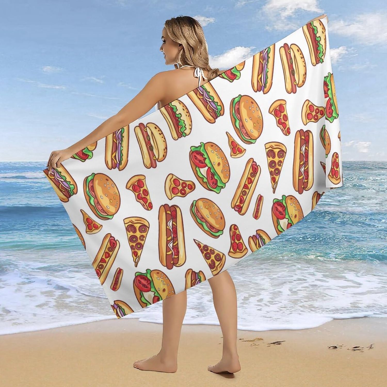 Fast Food Burger Hot Dog Pizza Bath Towel Beach Towels Quick Dry Oversized Bath Blanket Highly Absorbent Towel for Women Men 160x80cm