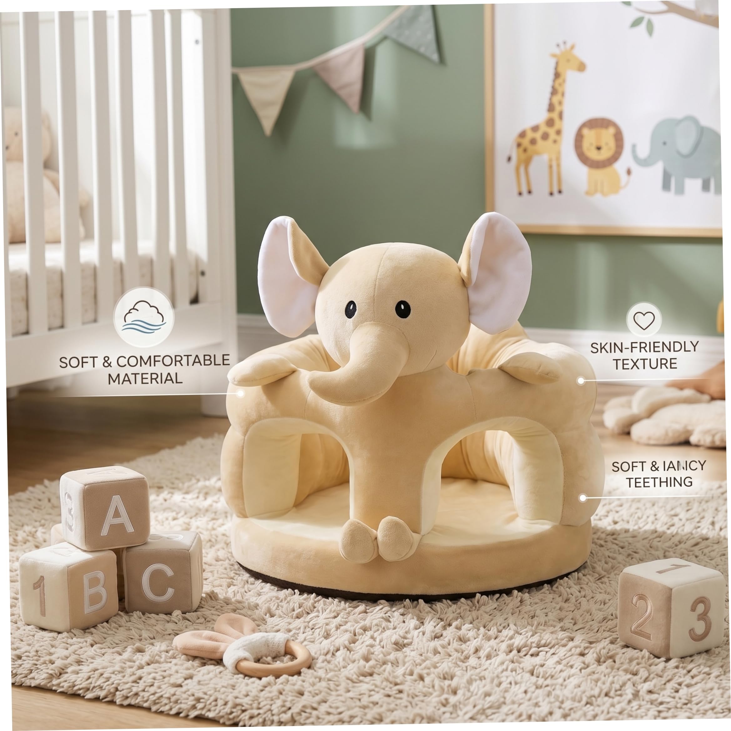 Seggiolino da pavimento per bambini in peluche con elefante carino da 17, 7x17, 7 pollici, morbido per sedersi con supporto stabile