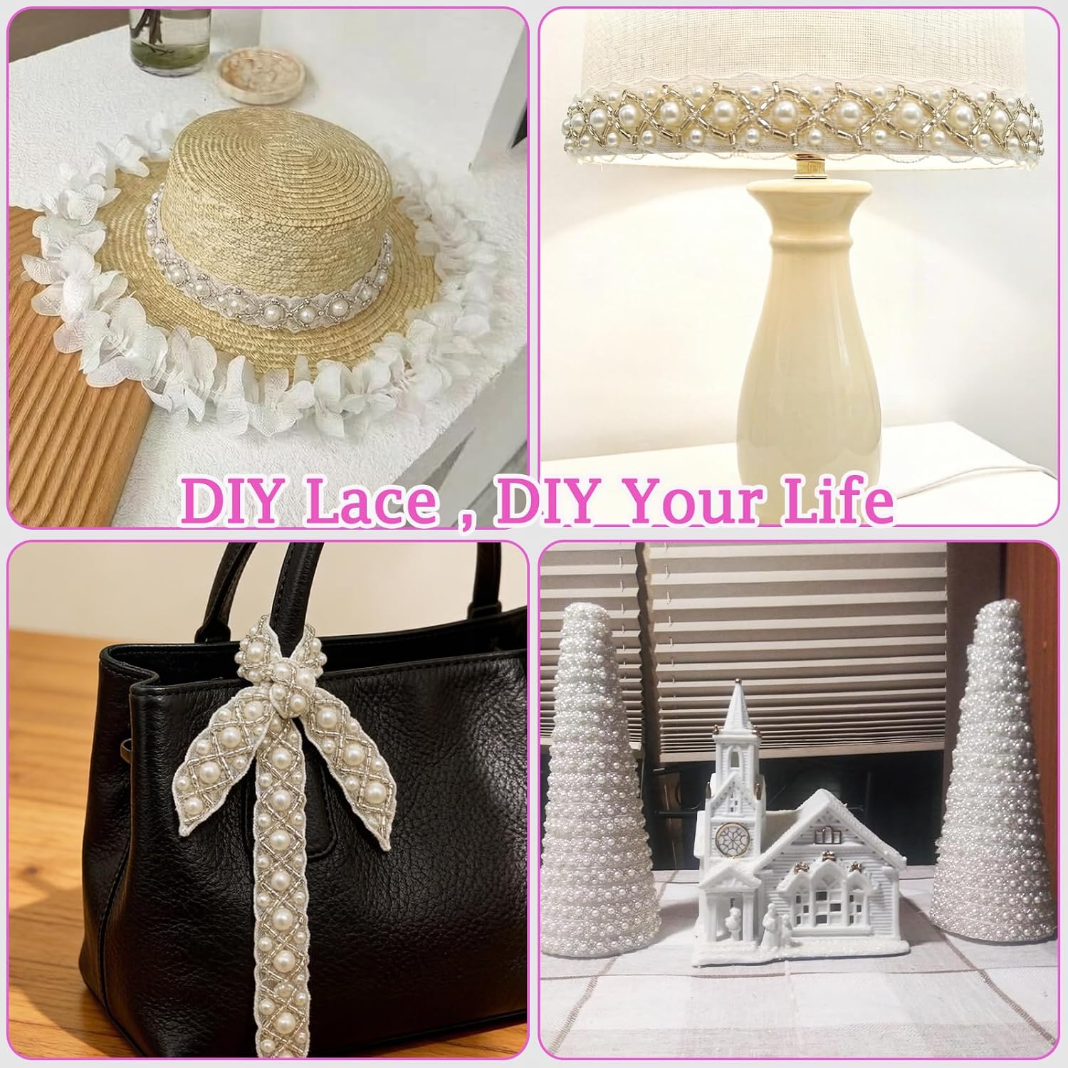 White Pearl Beaded Trim for Crafts, 4Y Pearl Lace Ribbon with Glue Kit for Wedding Dress Straps Rhinestone Trim Applique Bridal Decoration Costume Crafts
