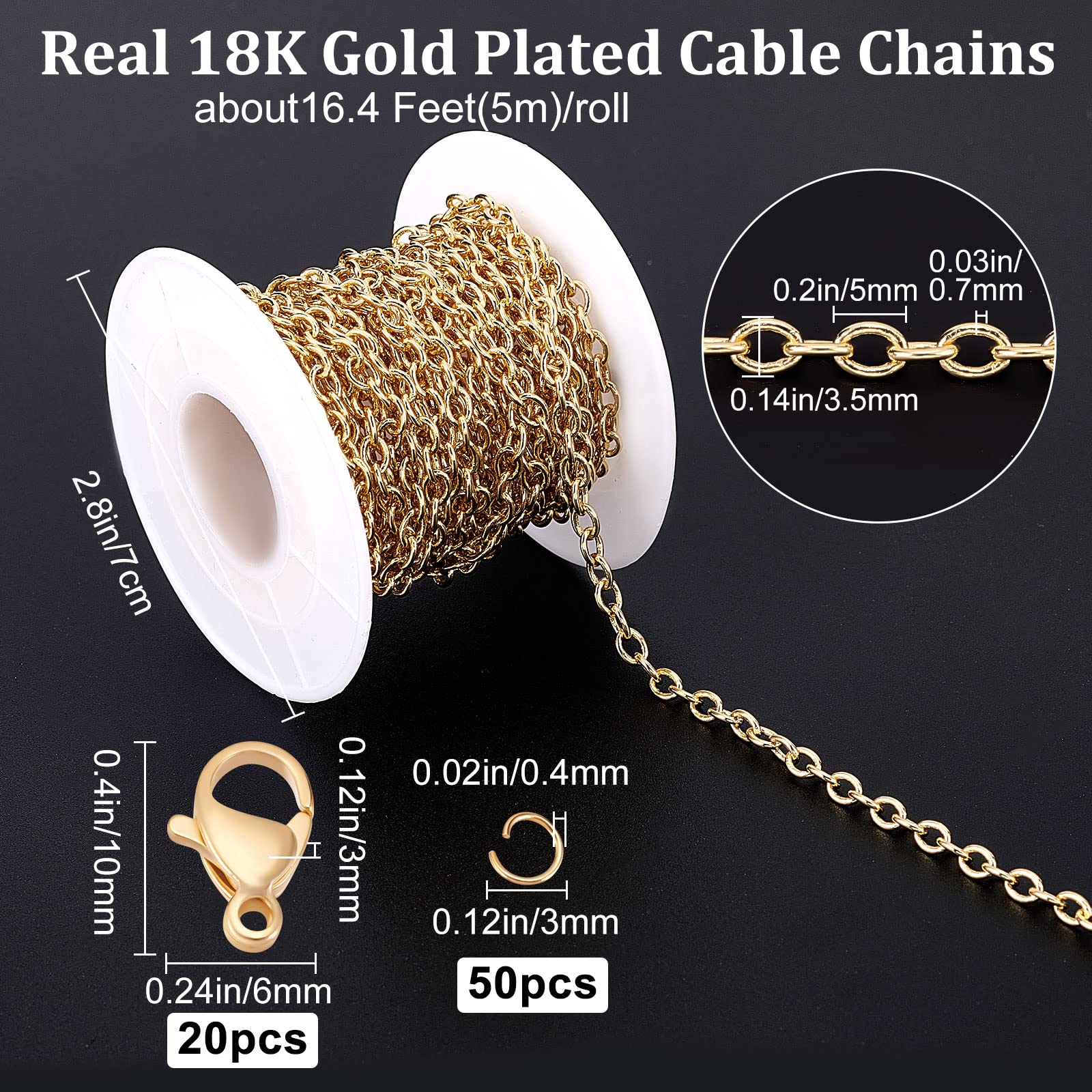 Beebeecraft Catene Portacavi In Ottone Da 16.4 Piedi Catena A Maglie Ovali Piatte Placcate In Oro 18K con 20 Chiusure A Moschettone e 50 Anelli di Salto per Creazione di Braccialetti Orecchini Collana