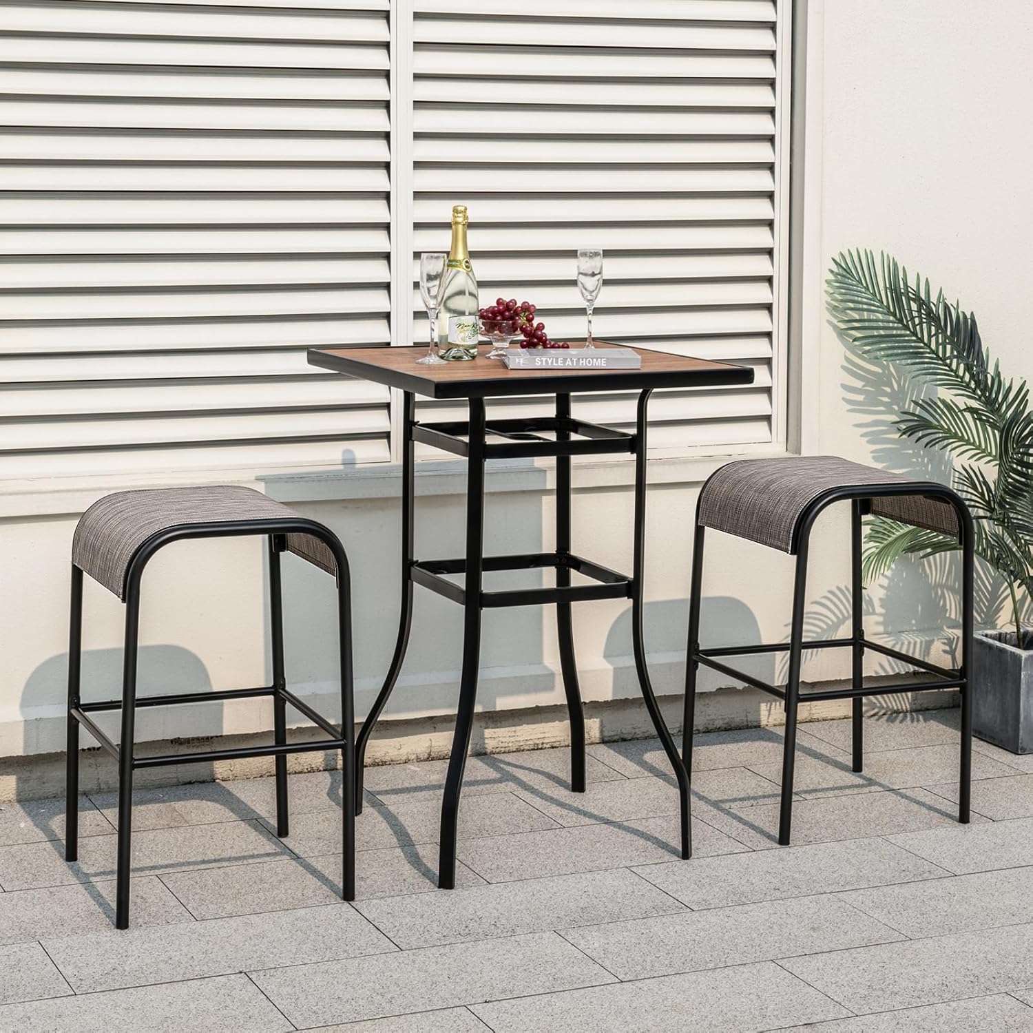 COSTWAY Outdoor Bar Stools Set of 2, 30-inch Patio Bar Height Bistro Backless Stools with Curved Fabric Seat, Footrest, Heavy-Duty Metal Frame, Outdoor Bar Chairs for Backyard Porch Poolside, Coffee