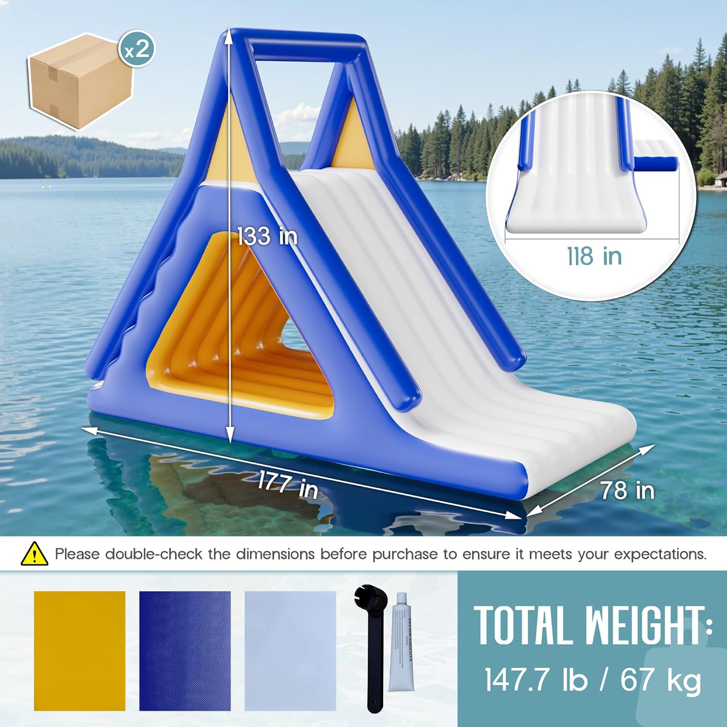 SPECRAFT 15L×10W×11H FT Commercial Inflatable Water Slide with Climbing Handle, White & Blue & Yellow, Outdoor Waterfall Slide for Adults & Kids, Easy Setup Lake & Boat Water Fun