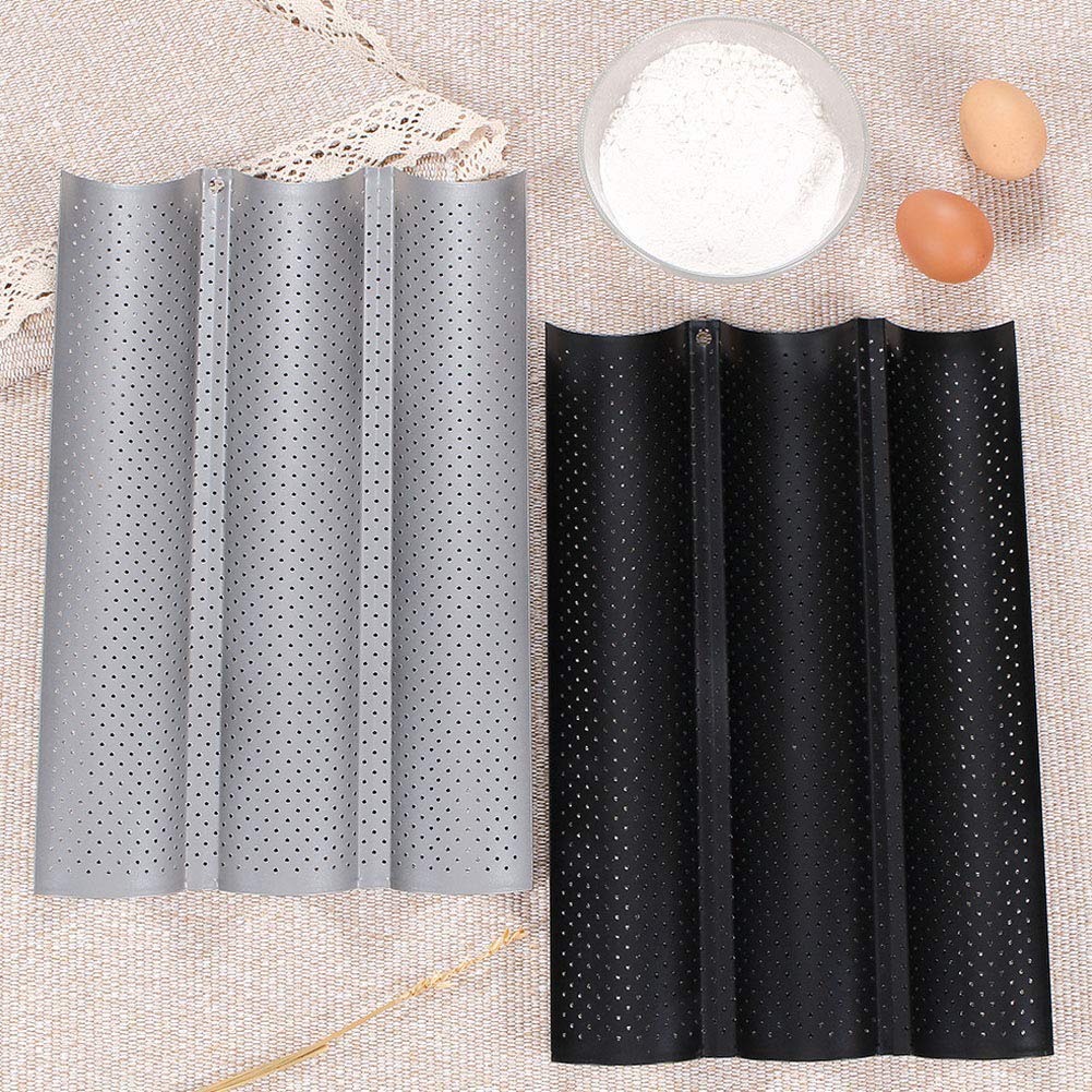 Baguette Baking Tray, Nonstick Wave Mould Fast and Evenly Heating, Perforated Baguette Kitchen Gourmet Making Pan, Baking Sheet, for French Bread, Stick Bread, Toast Maki(Black 3 Baguettes-2Pcs)