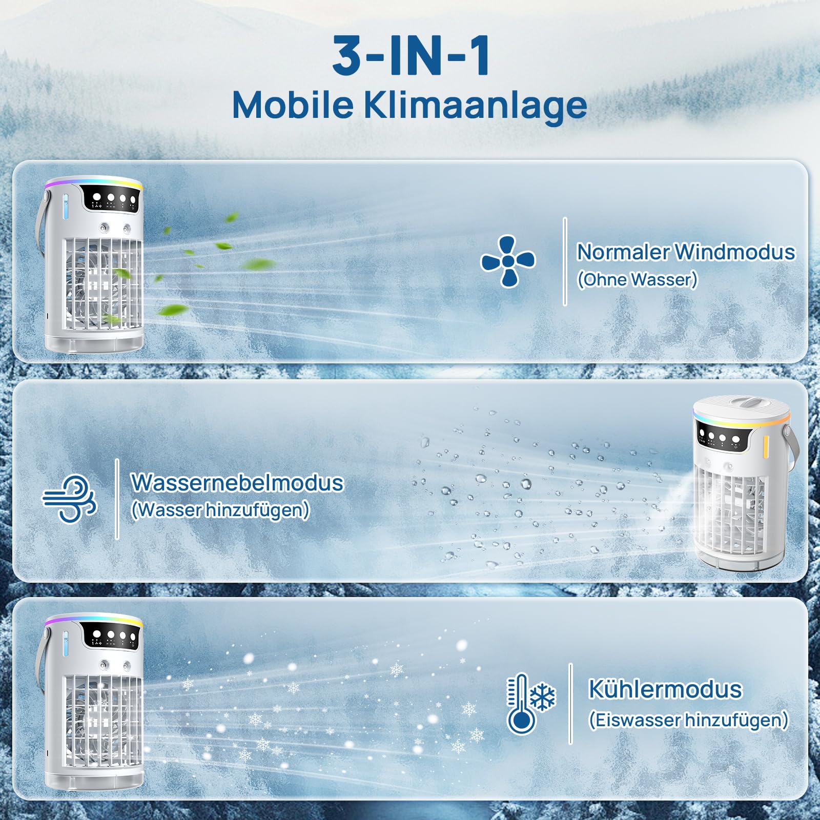 Mobile Klimaanlage, USB 4 In1 Mobile Klimagerät mit 3 Stufe Eis-Kühlnebel, Für Büro Zimmer und Schreibtisch, 1200 ML Tragbare Mini Luftkühler mit 2-8H Timer, 3 Geschwindigkeiten, 7 Farben Nachtlicht