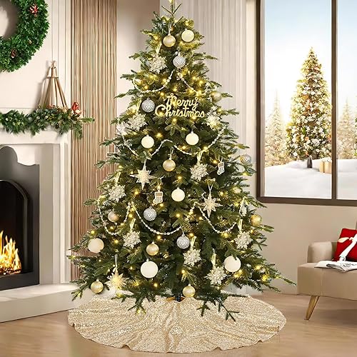 Miniatura 40 de Falda de árbol de Navidad de lentejuelas: Falda de árbol de bronce de 24 pulgadas, falda de satén con lentejuelas Falda de árbol pequeño