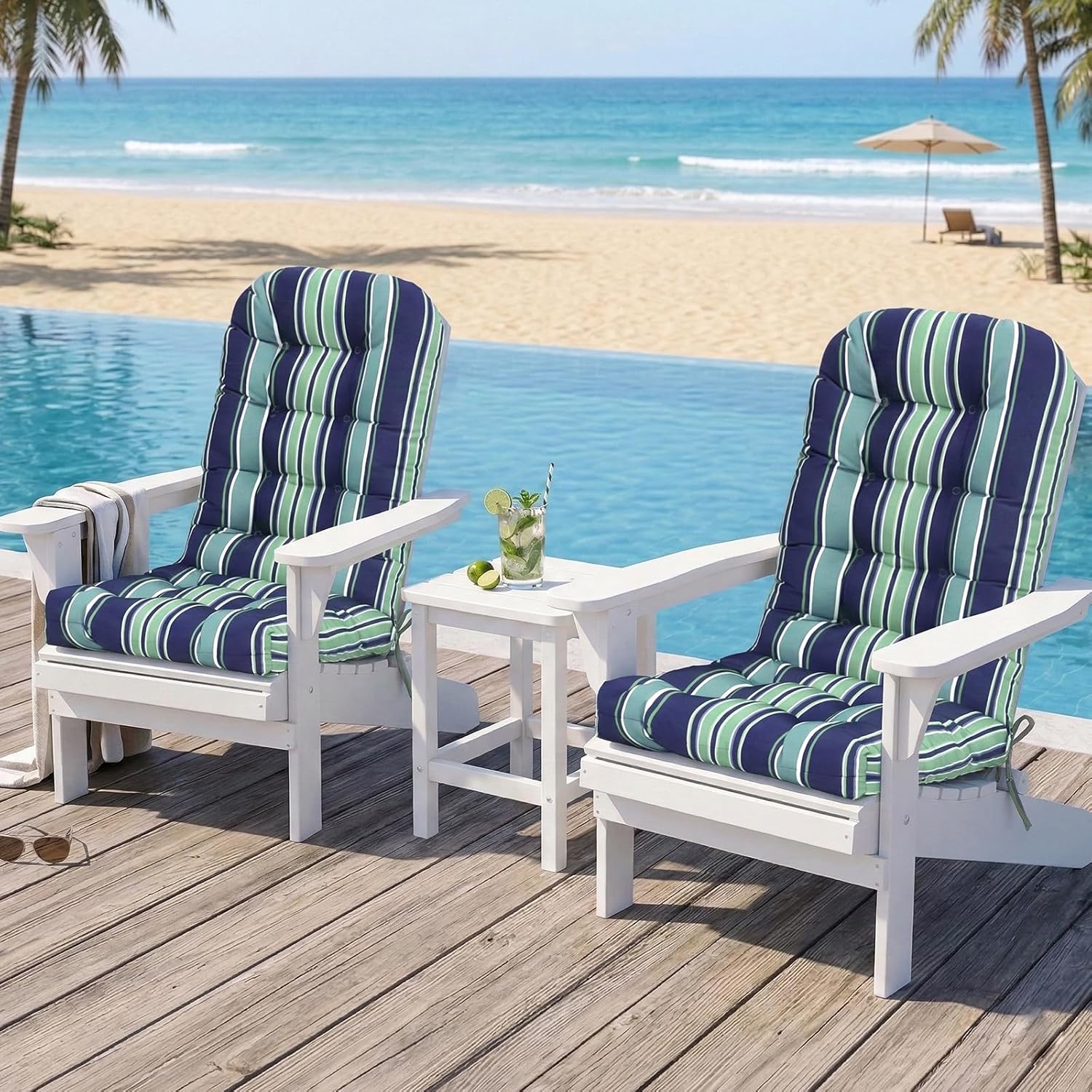 COOS BAY High Back Adirondack Chair Cushions for Outdoor Furniture, 49x20x5 in Water-Resistant Thick Tufted Patio Chair Cushions with Secure Straps, Set of 2, Seabrook Stripe