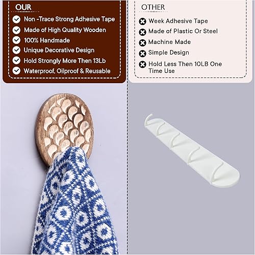Miniatura 36 de Indian Shelf 3 ganchos, 6 tiras de ganchos de pared adhesivos de madera, ganchos decorativos de pared para colgar, gancho adhesivo bohemio