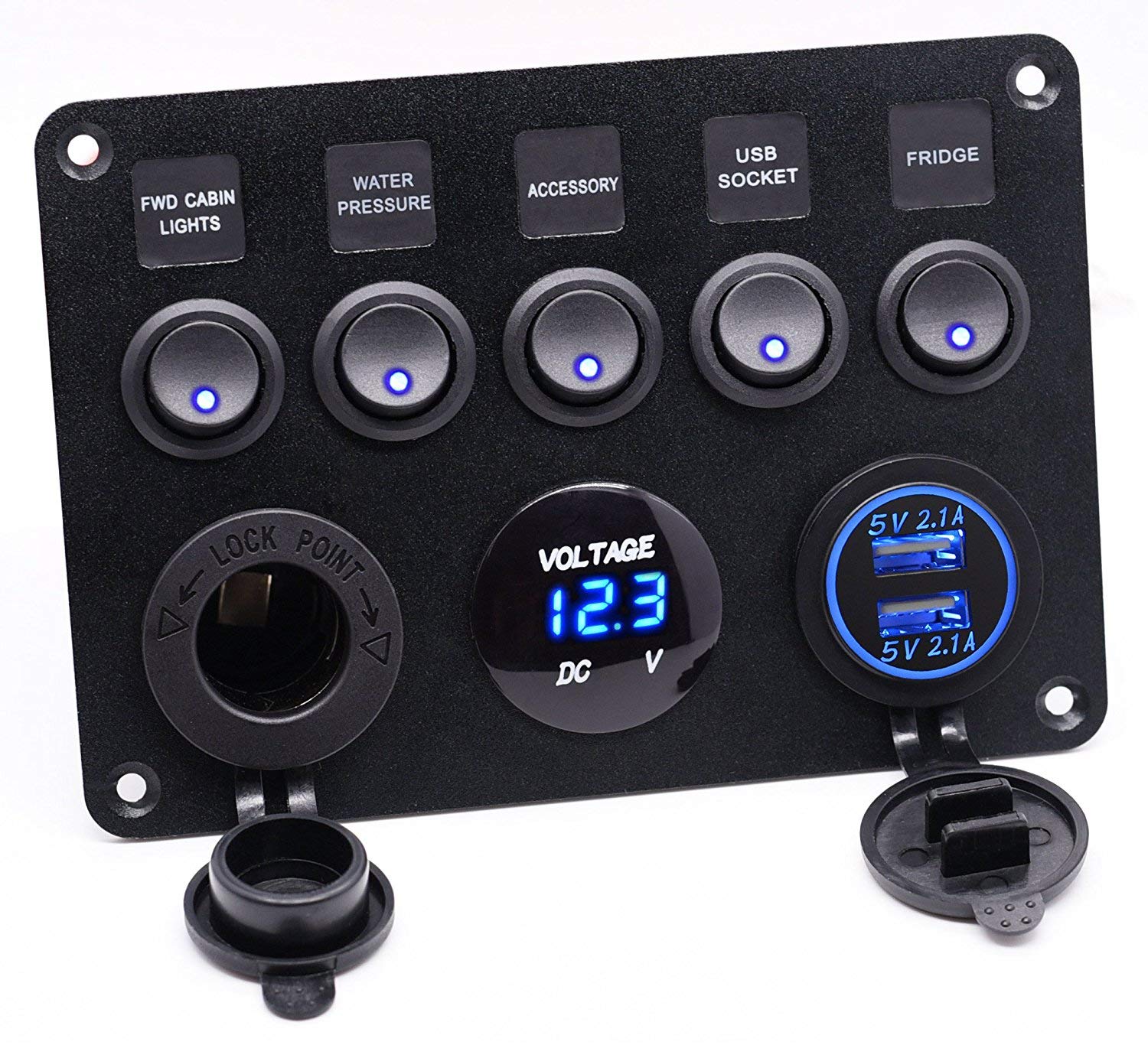 12V Pannello Interruttori Marine Barca Interruttore a levetta 2 Caricatore USB Accendisigari Voltmetro LED Digitale impermeabile (Blu)