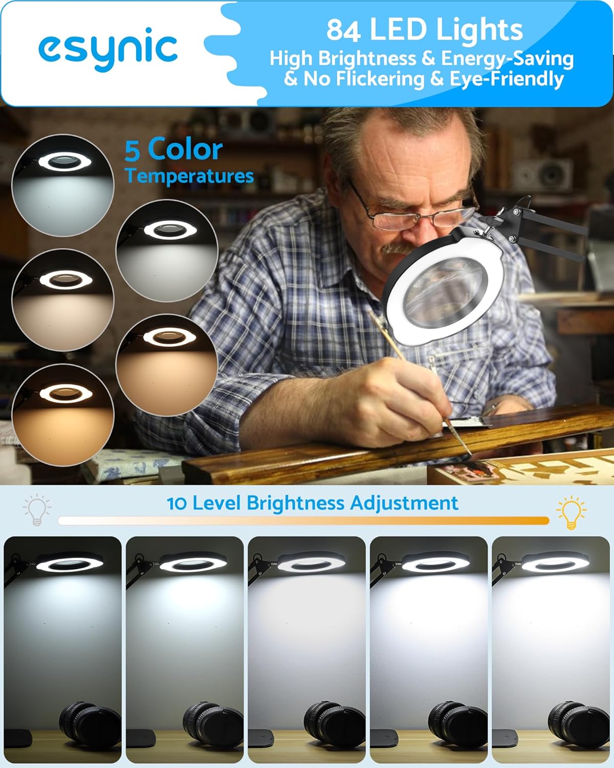 eSynic 10X Magnifying Glass with 84 LED Lights&4.2 Inch Large Len 2-in-1 Clamp&Stand Desk Magnifier Lamp-10 Brightness Levels-5 Color Modes for Crafts Reading Repair[HD Glass Lens Not Acrylic]