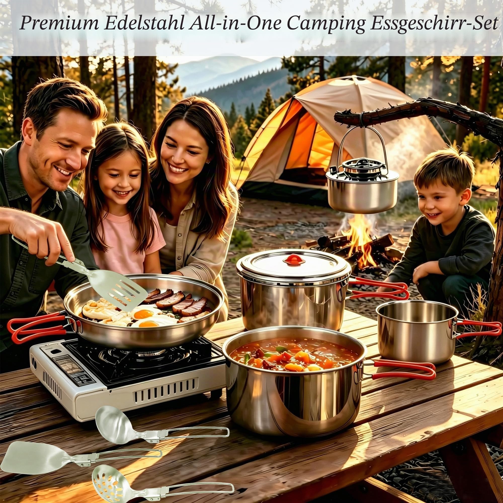 Tragbares Camping-Kochgeschirr-Set aus 18/8 Edelstahl, 11-teilig, stapelbares Design, große Kapazität, Töpfe und Pfanne mit Kessel, kompakt für Picknick und Familien-Kochen im Freien (4–8
