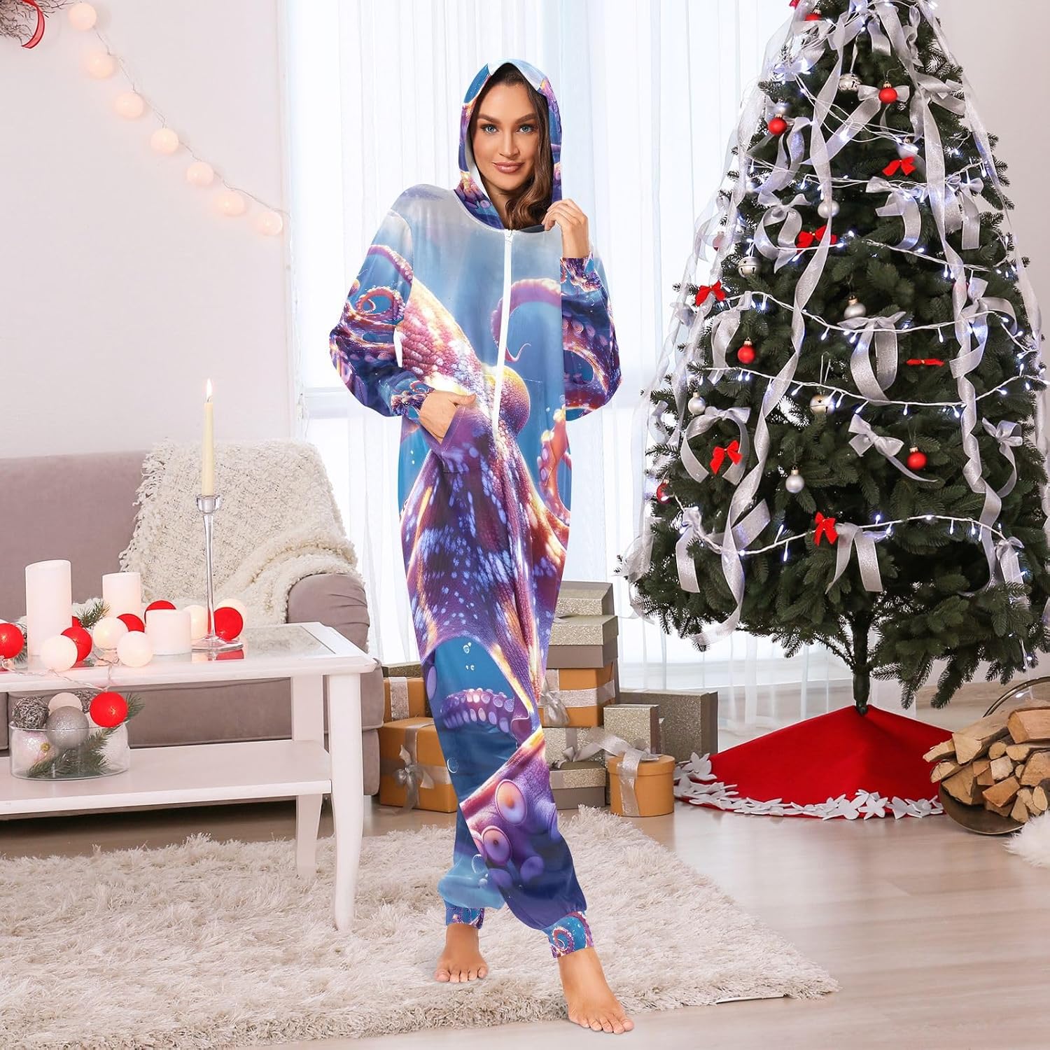 Octopusfish Ocean Animal Adult Onesie Pajamas for Unisex Novelty One Piece Costume Sleepwear