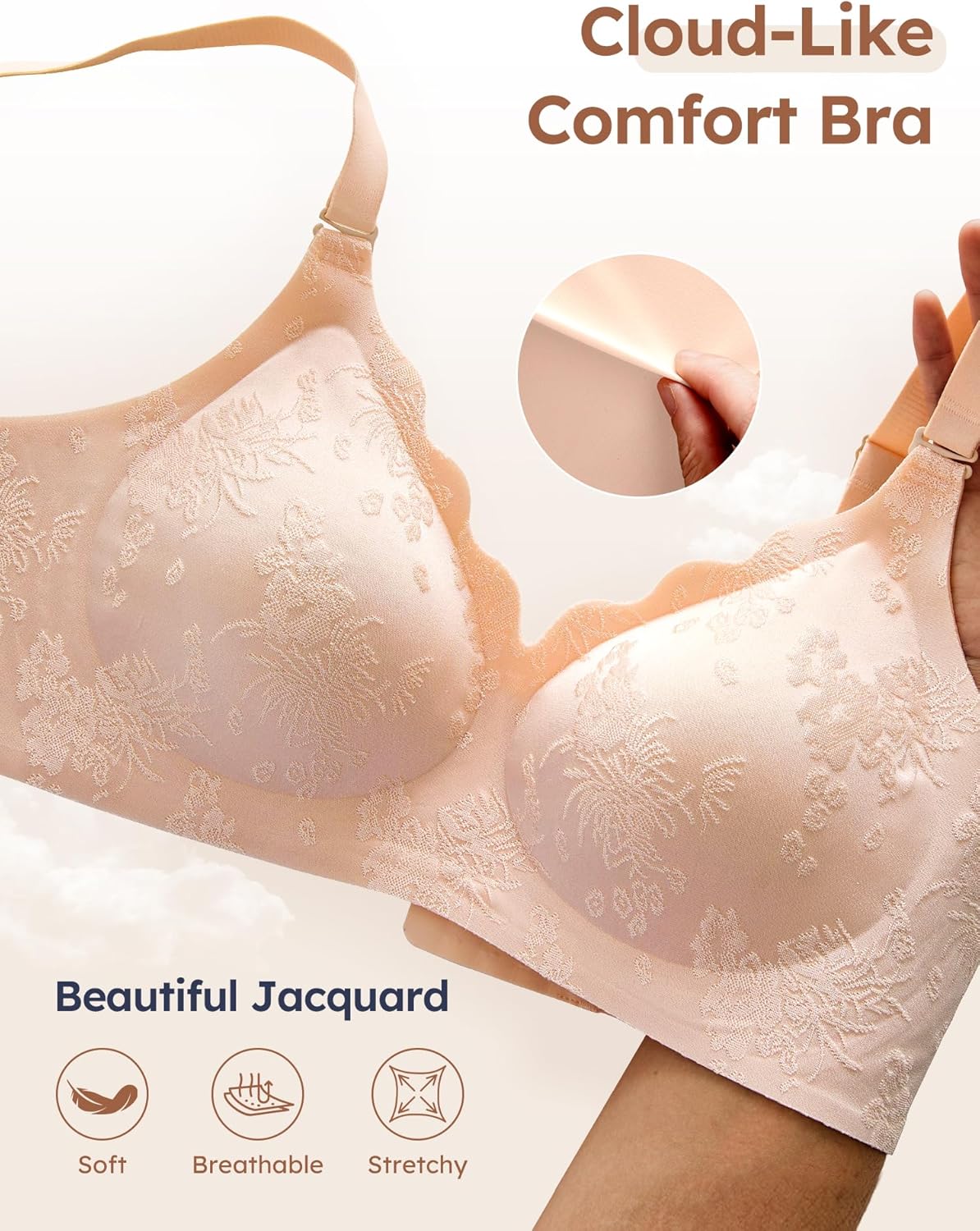 Wireless Jelly Bras for Women No Underwire S/M, Seamless Comfortable Jacquard Bralettes, Padded Convertible Bra