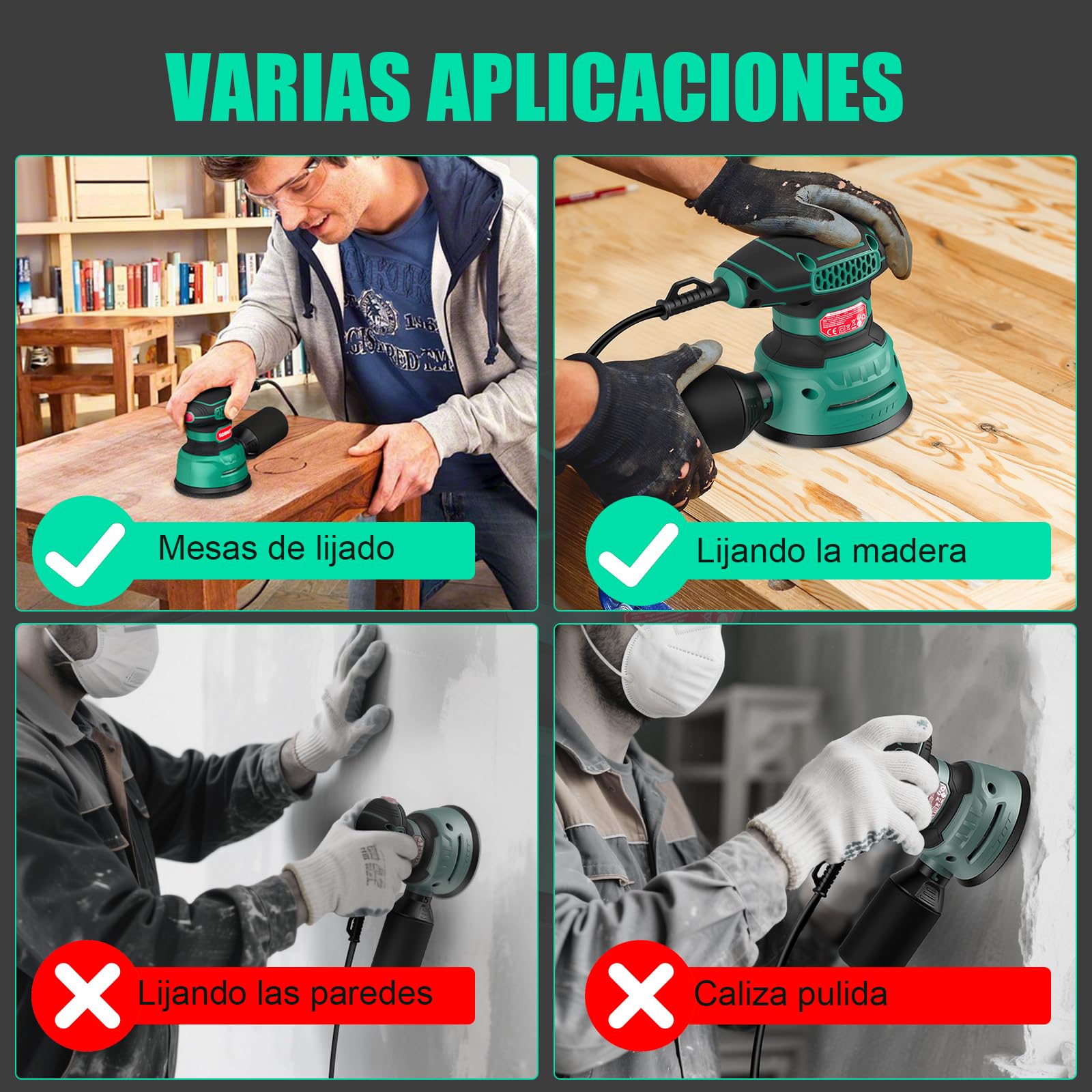 Lijadora Orbital 350W 125MM - 6 velocidades,16 hojas de lijado incluidas,con recolección de polvo y función de freno rápido,Ideal para lijar y pulir madera,en proyectos de afición