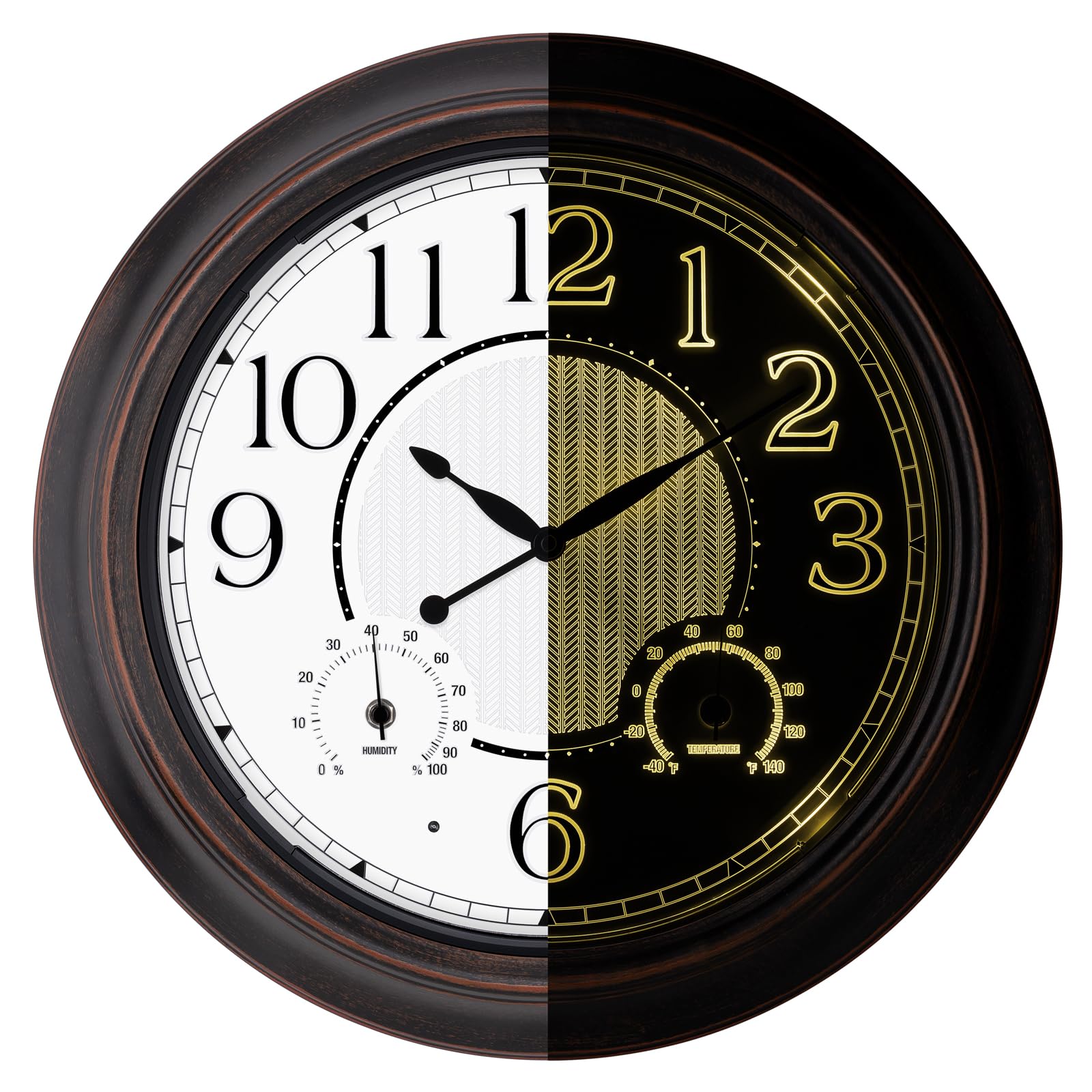 Koosome Illuminated Indoor Outdoor Clocks Waterproof with Thermometer and Hygrometer Combo, Large 18 Inch Retro Silent Battery Operated Waterproof Wall Clock for Patio Pool Garden Yard Home (Bronze)