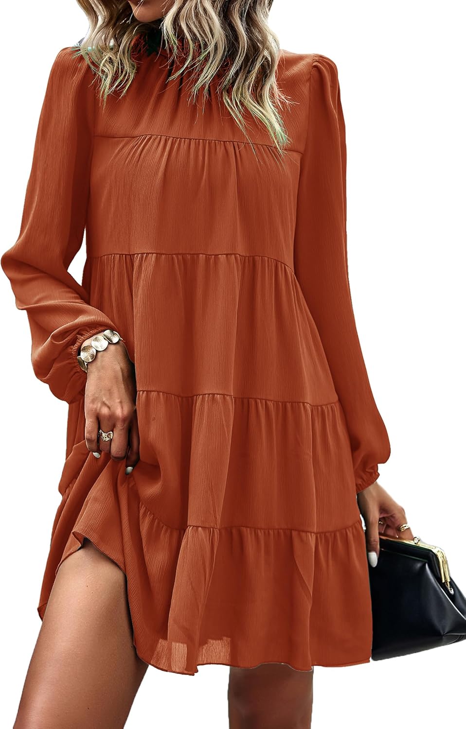 KIRUNDO Long Sleeve Baby Doll Dresses Women 2026 Casual Spring Summer Ruffle Mock Neck Tiered Mini Flowy Swing Shift Dress