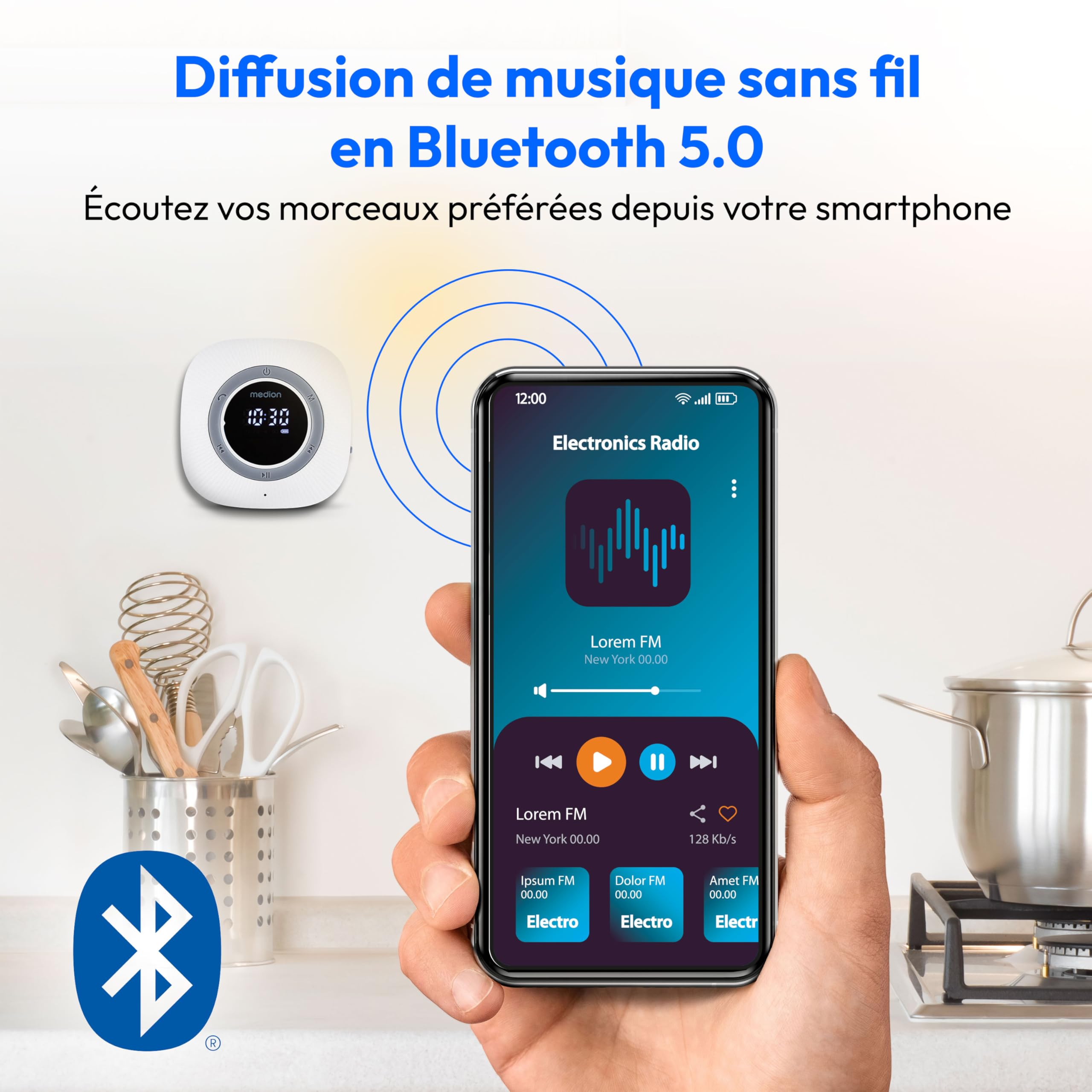 MEDION S66884 Radio de Douche avec Bluetooth (Radio de Salle de Bain, Radio FM, Ventouse, écran LED, IPX6 étanche, Batterie intégrée, MD43884) Blanc