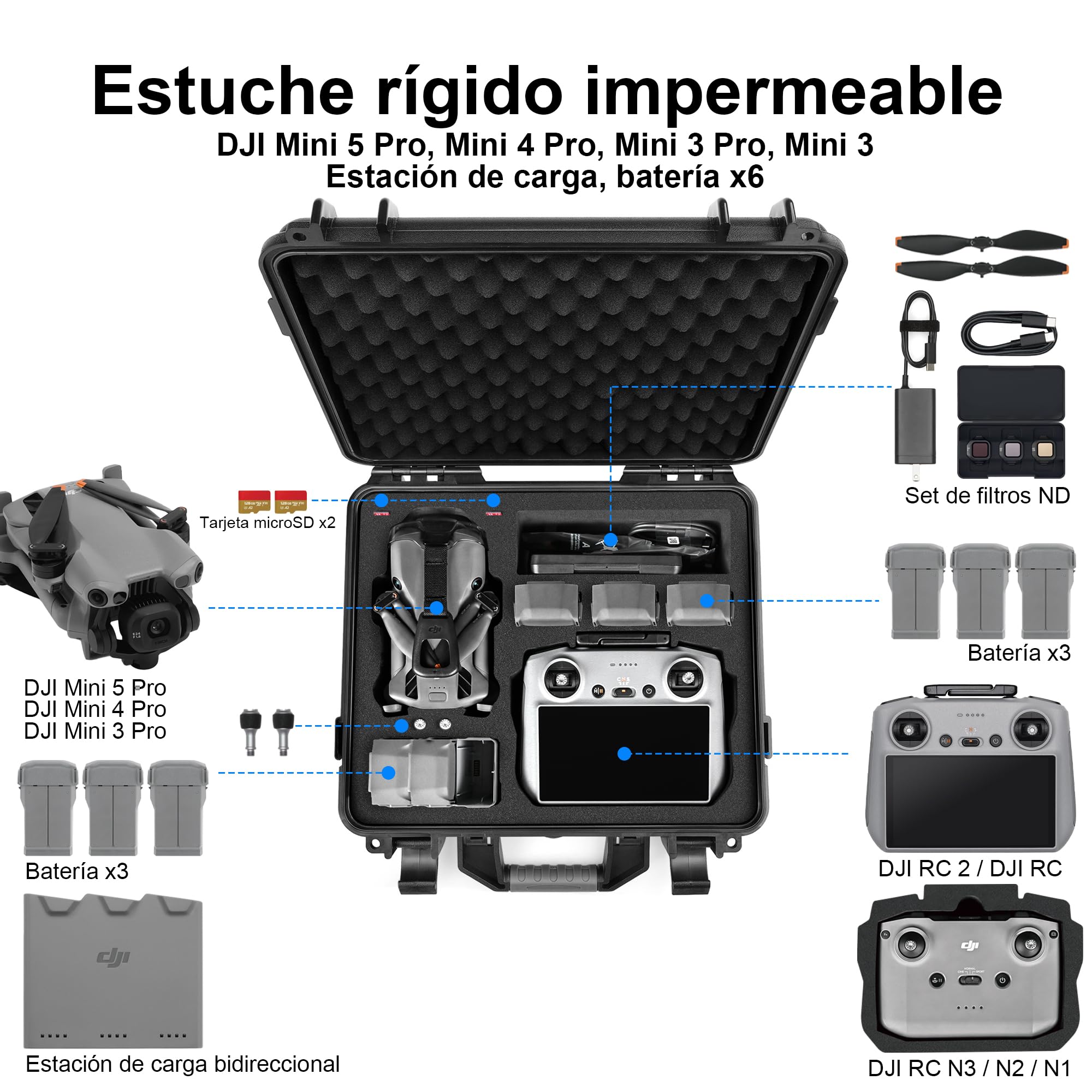 LEKUFEE Impermeable Maleta para dron dji Mini 5 Pro/4 Pro/Mini 3,dji RC 2/RC /N2/ N1 y Accesorios (Solo Estuche)