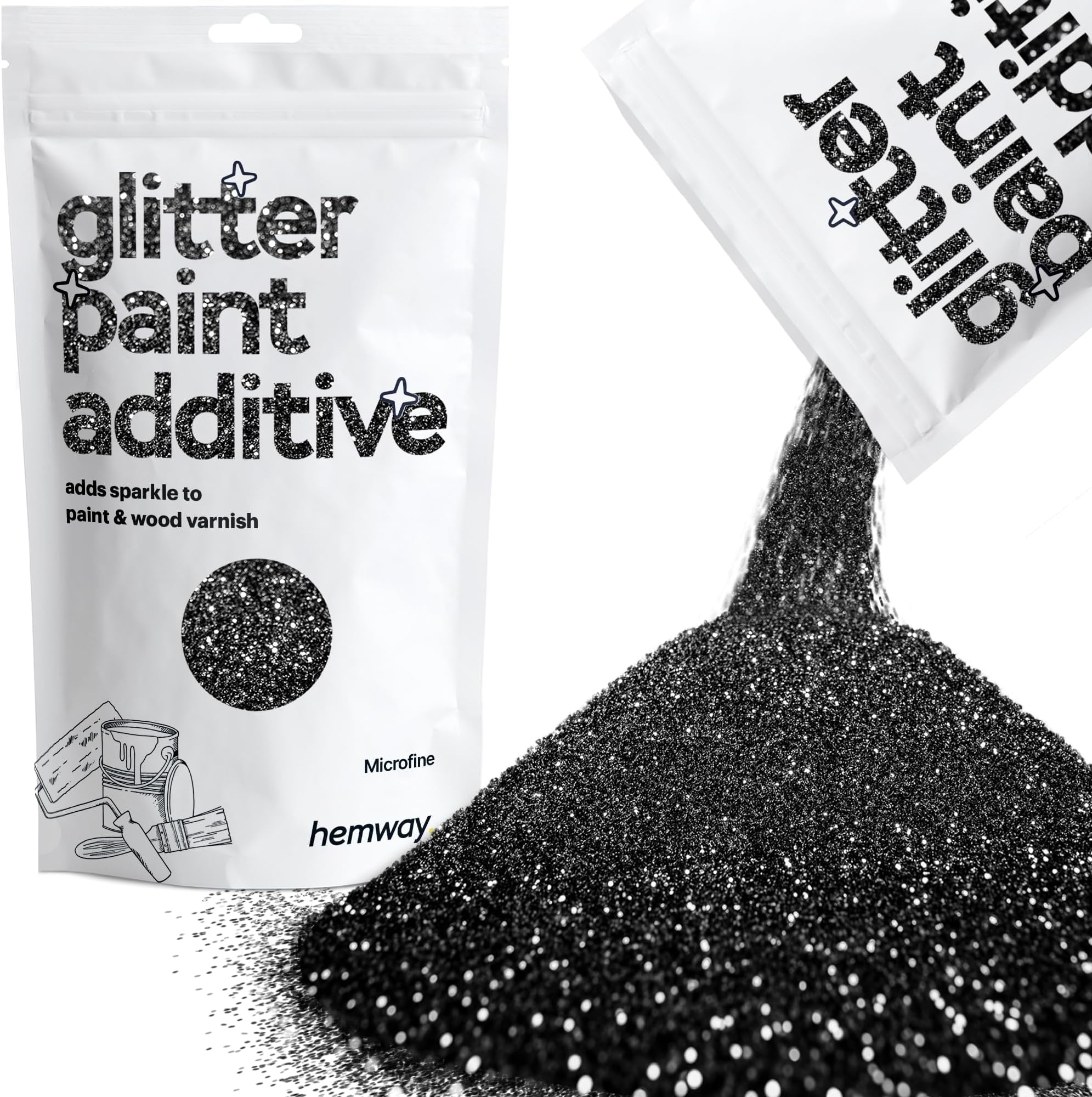 Hemway Glitter Paint Additive Crystals for Acrylic Emulsion Paint, Interior & Exterior Walls, Wood, Varnish, Matt, Gloss, Furniture 100g / 3.5oz - Microfine (1/256" 0.004" 0.1mm) - Black