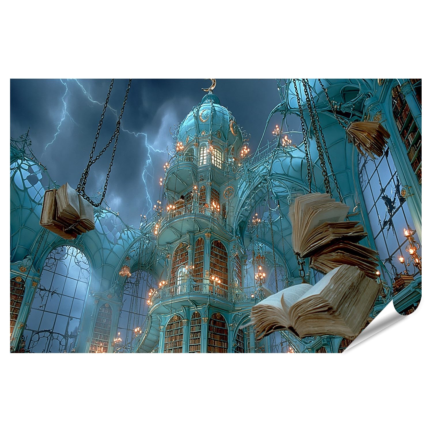 islandburner Poster de qualité supérieure Bibliothèque mystique avec tour Tableau mural Salon pour les amateurs de fantaisie - Grand format