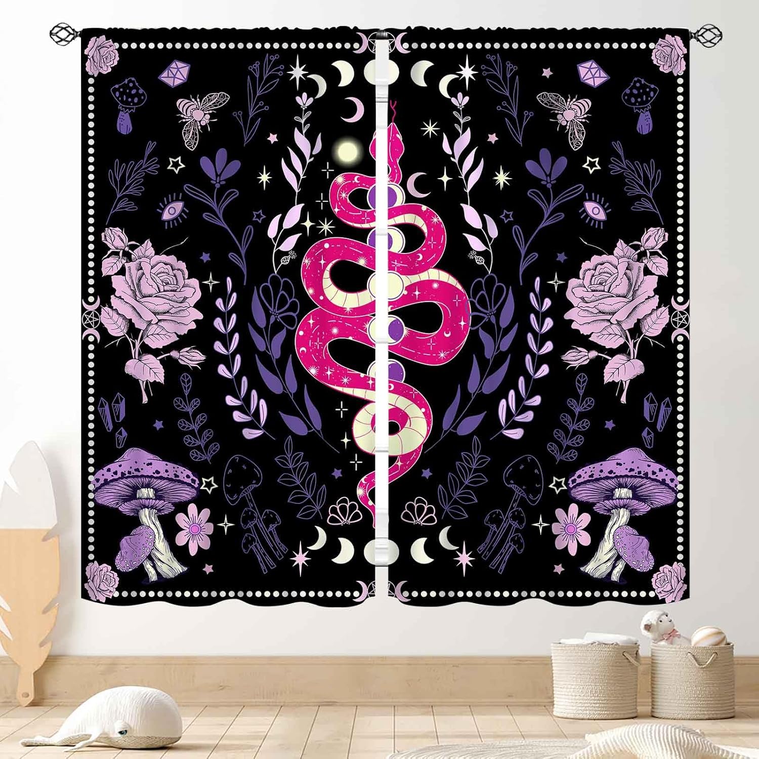 Boho Snake Curtains, Aesthetic Boho Moth Butterfly Wild Floral Fairy Wizard Mysterious Gothic Art Decor Blackout Window Drapery Treatments for Bedroom Living Room Bathroom 2 Panels, 84"x84" Inch