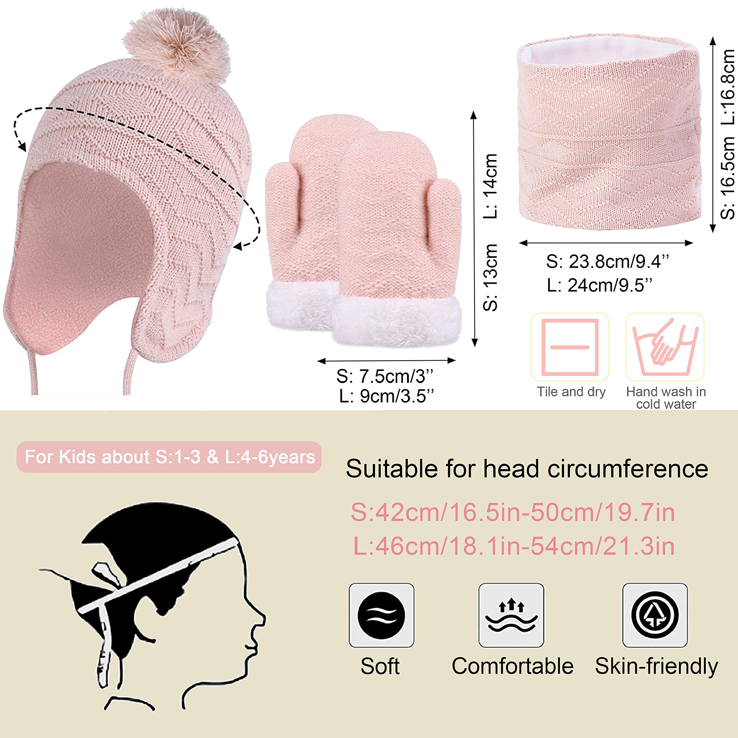CheChury Winter Mütze Schal Handschuh Sets Mädchen Strickmütze Warme Babymütze Jungen Wintermütze Fleece Winterschal Elastische Beanie Ohrenschützer Hut und Schal Kinder 1-6 Jahre