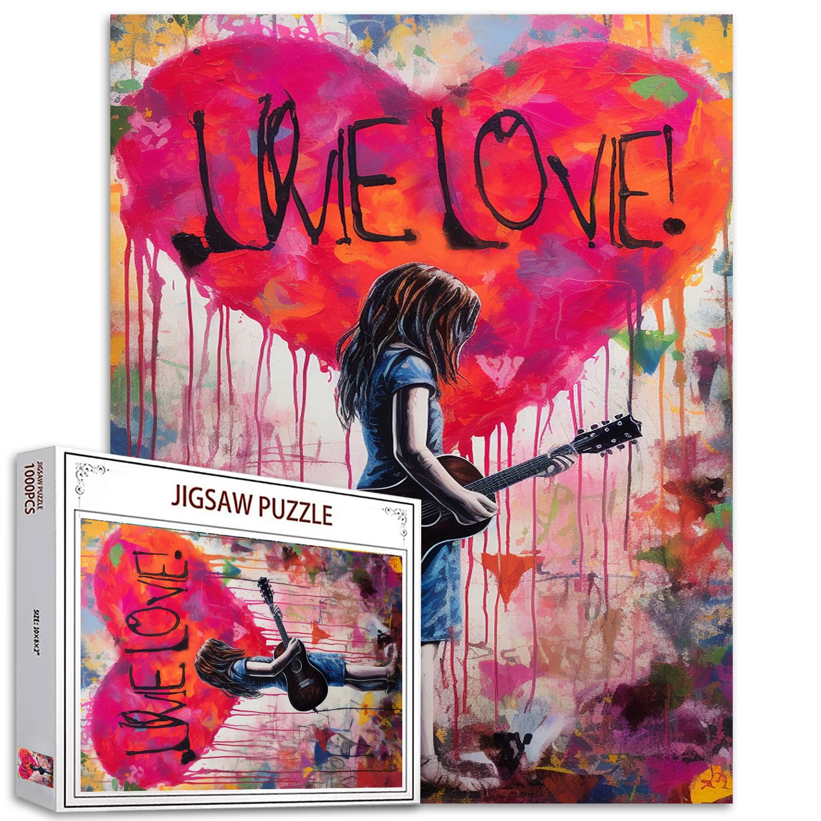 Graffitic Jigsaw Puzzles 1000 Pieces for Adults, Families (Little Girl,Love,Rock Music,Guitar,Heart) Pieces Fit Together Perfectly 19.7''x27.6''inch Doodle Frameable Magic Puzzle Art（Colorful）