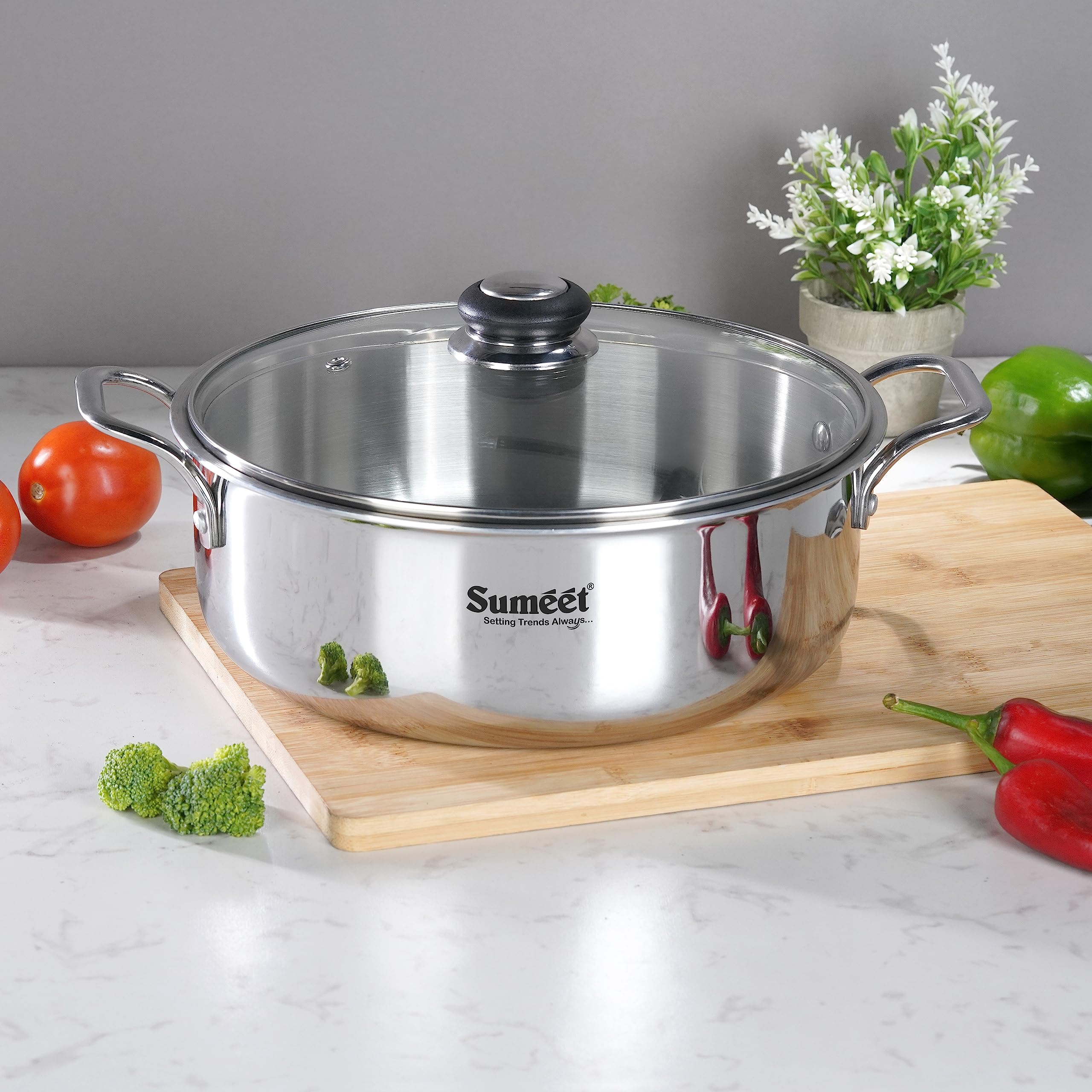Sumeet Cook Smart TriPly Steel-Aluminium-Steel - 3 Layers Casserole/Biryani Pot/Stock Pot with Glass Lid- 5.2Ltr - 26Cm, Silver, Polished, 5.2 Liter