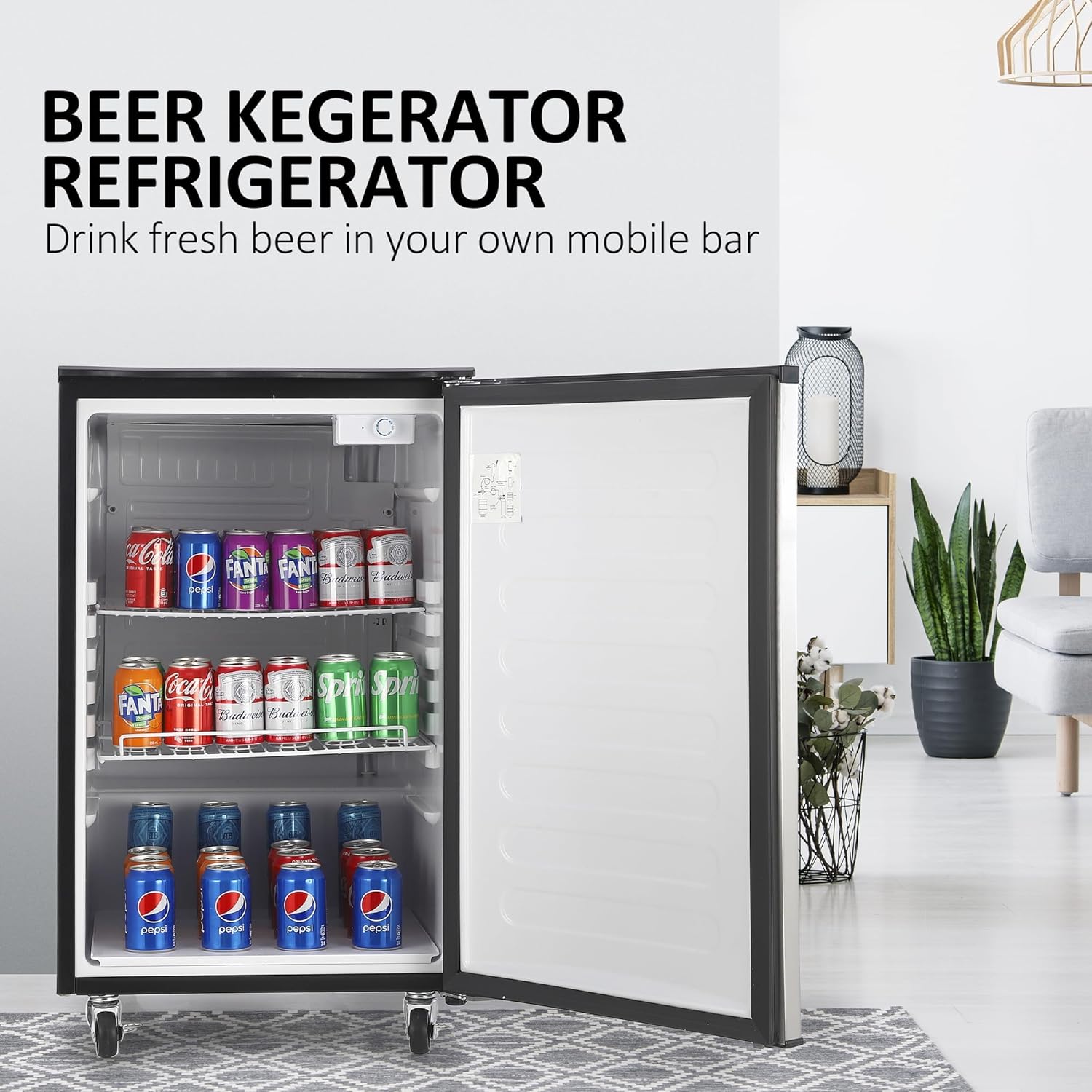 6.1 CF Home Brew Keg Dispenser, Stainless Steel, 2 Tap Beer Kegerator, Dual Tap Draft Beer Dispenser, Full Size Keg Refrigerator With Shelves, Stainless Steel, 32°F- 50°F Temperature Control, 170L