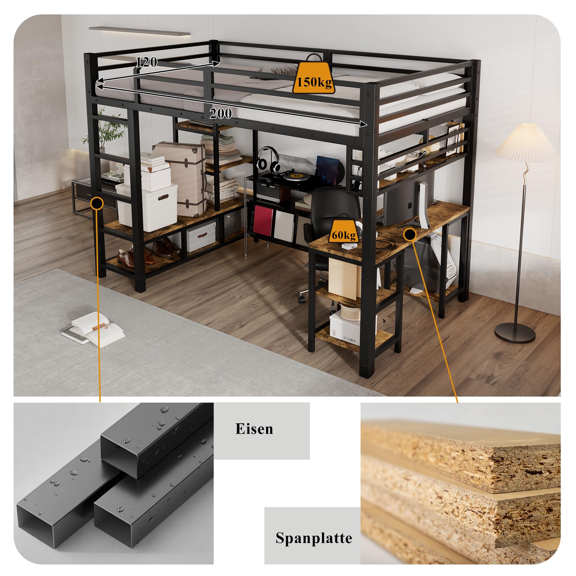 Cama alta de metal, 120 x 200 cm, con escritorio y estante, cuna con barandilla de seguridad y escalera de 4 niveles, marco de hierro estable (negro y oscuro A)