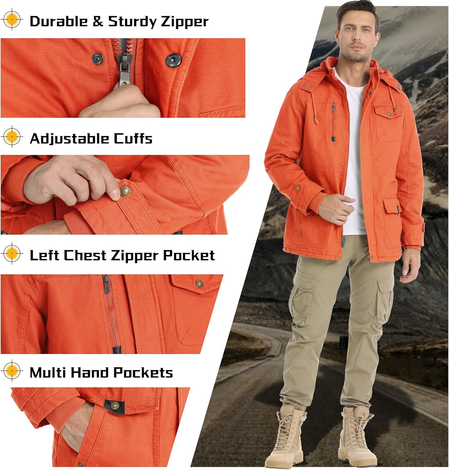 CHEXPEL Men's Thick Winter Jackets with Hood Fleece Lining Cotton Military Jackets Work Coats with Cargo Pockets Outwear - Image 4