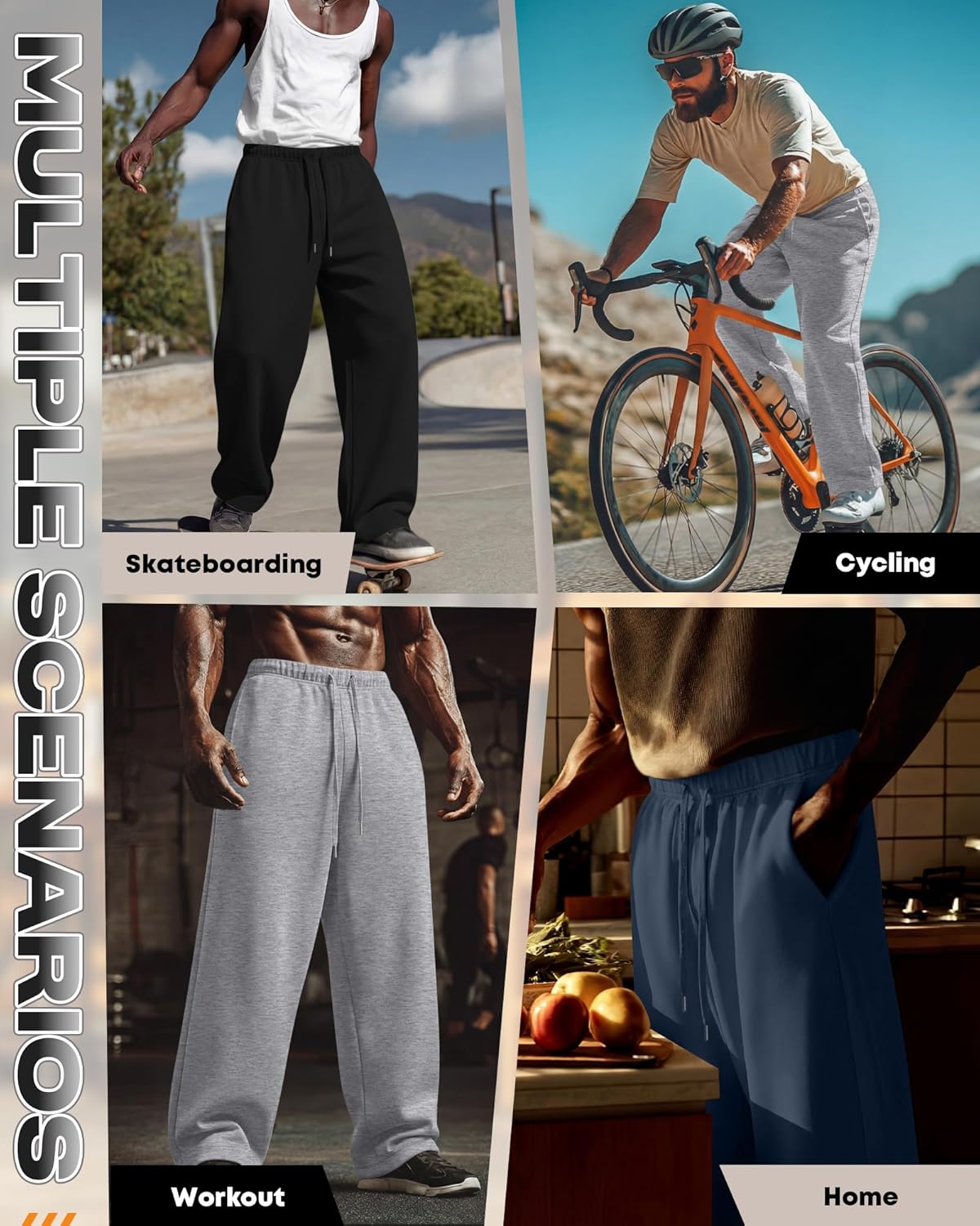 3 Pack Men's Big and Tall Sweatpants Wide Leg Open Bottom Baggy Joggers Casual Drawstring Pants with Pockets