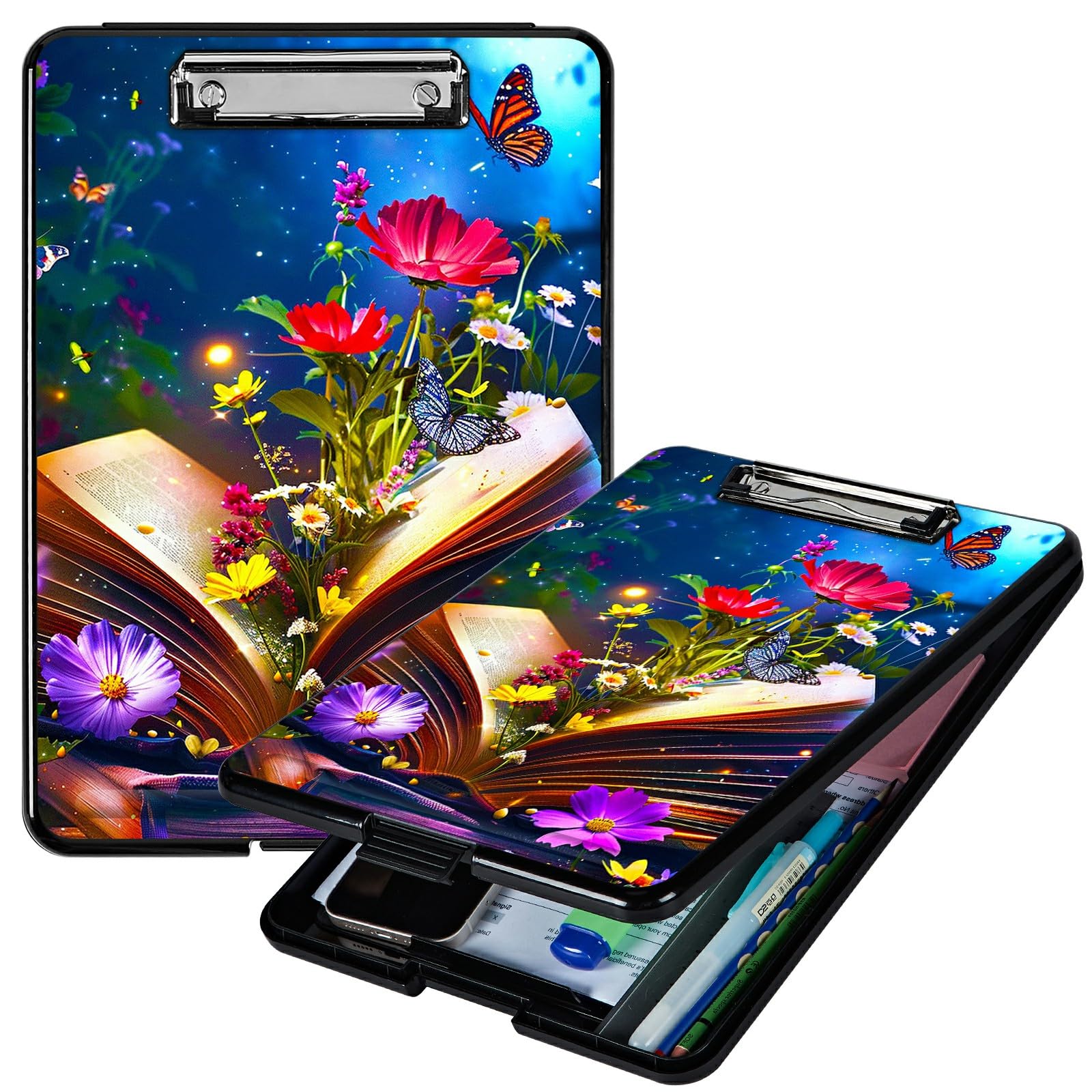 RWUTYTIUL Book Flower A4 Clipboard with Storage Pen Holder, Clipboards Organizer Nursing Clipboard Foldable File Folder Plastic Clipboard Folio Clip Board for Office Students Classroom Doctor โ image 1