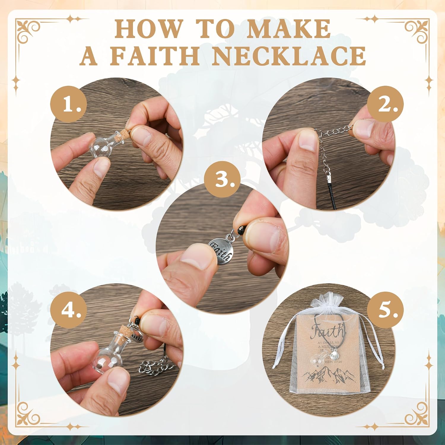 30 Sets Mustard Seed Necklace Christian Gifts Includes 30 Pcs Mini Glass Bottles with Cork Leather Cord Necklace Faith Charms and Christian Cards Baptism Favors Religious Gifts for Women, No Seed image 4