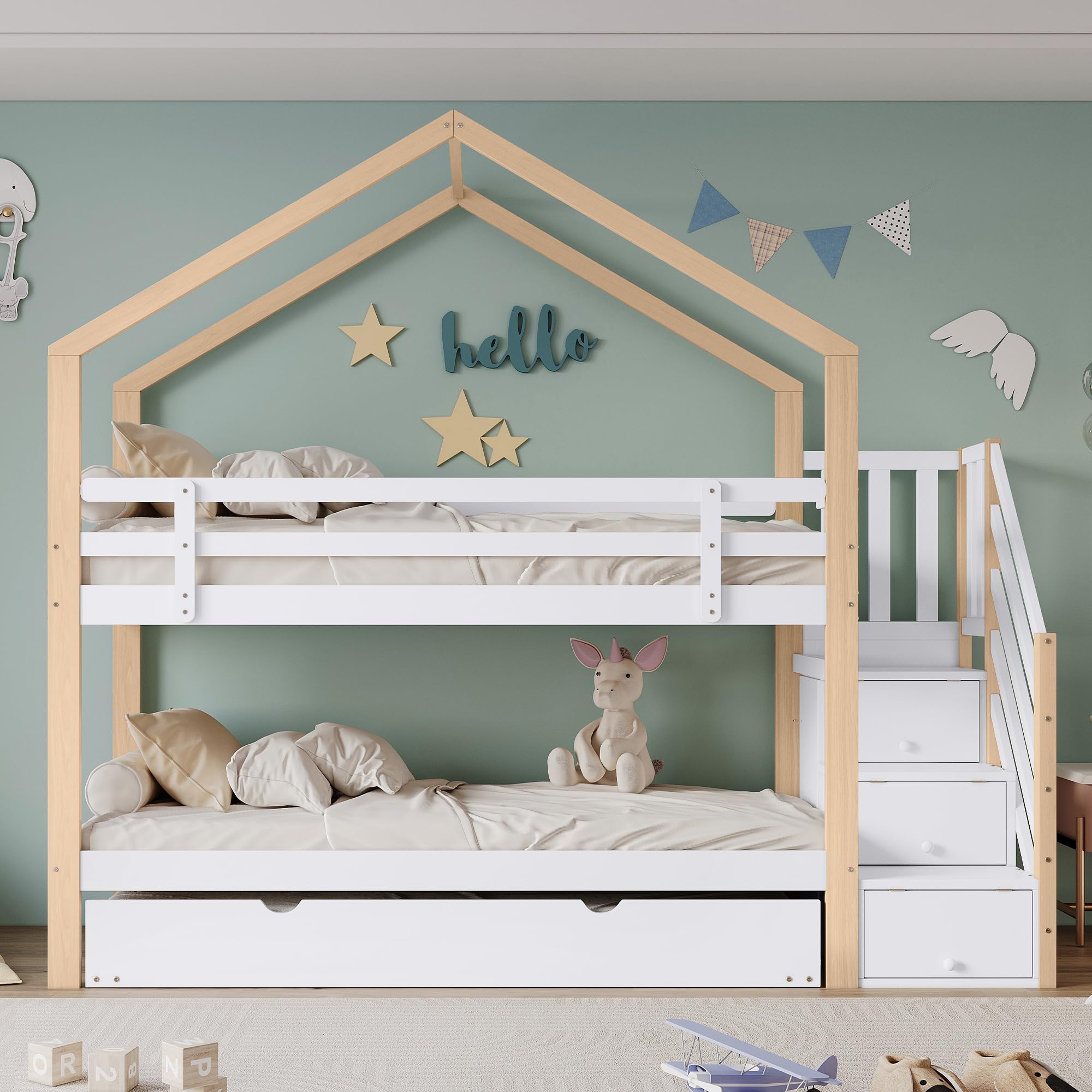 Moimhear litera con casa del árbol extensible, cama corrediza, escalera con 4 cajones, cama infantil con protección contra caídas y reja de cama infantil, con somier, Natural+Blanco (90x200cm