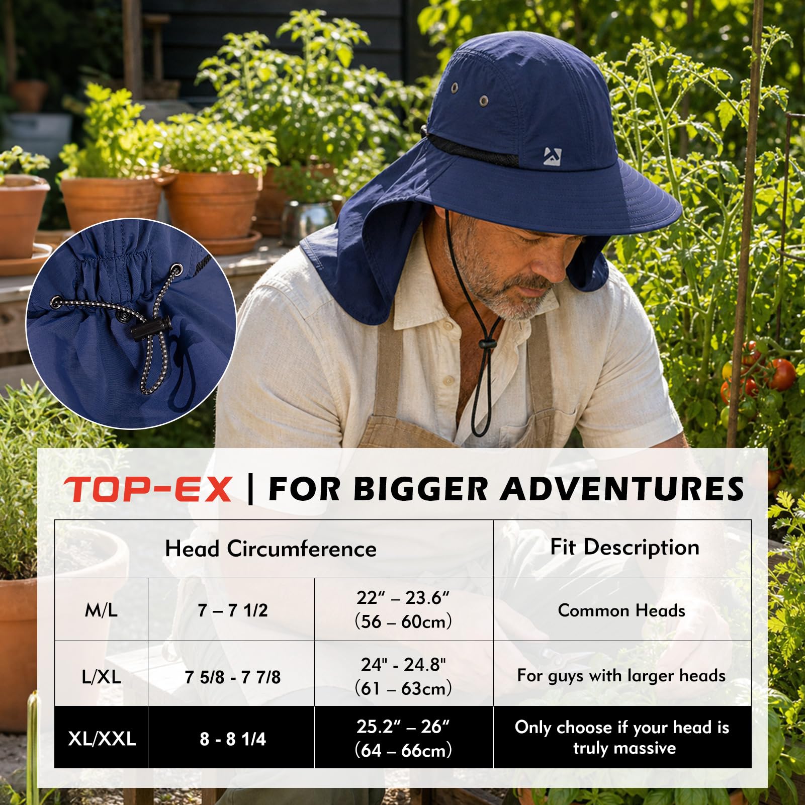 Chapeau de soleil surdimensionné XL XXL pour homme, grande tête, cou, rabat, ombrage, imperméable, UPF50+, chapeau à large bord, pour la pêche, le safari, la randonnée